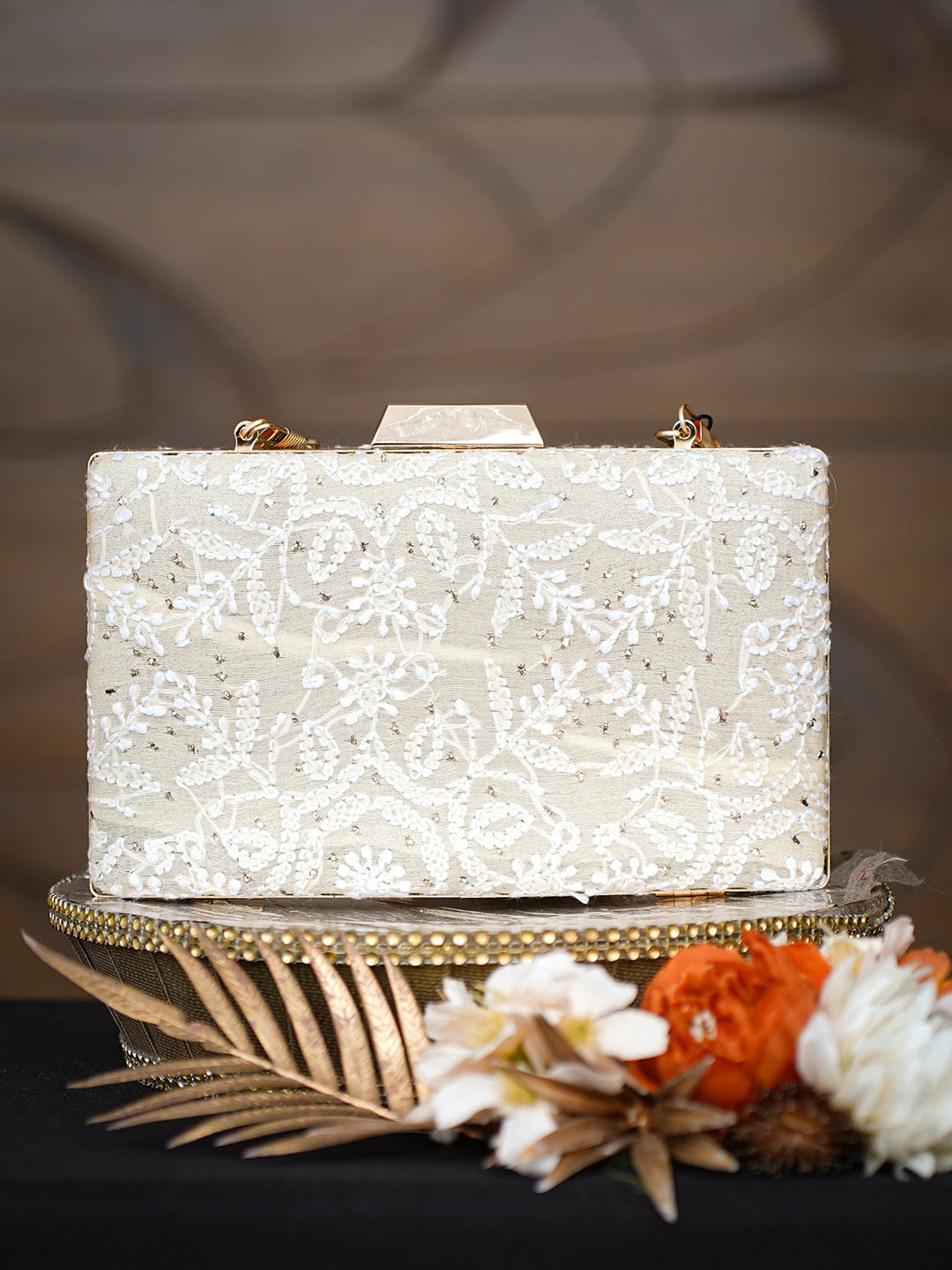 Ada Hand Embroidered Fawn Silk Lucknowi Chikankari Clutch With Muqaish Work 01A791416