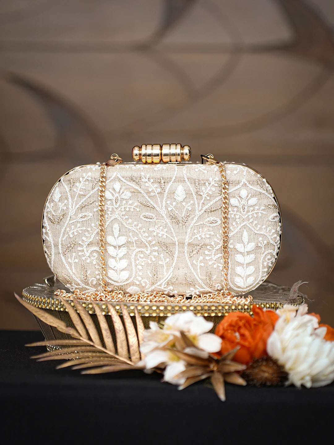 Ada Hand Embroidered Fawn Silk Lucknowi Chikankari Clutch With Zari Taar Work 01A791366