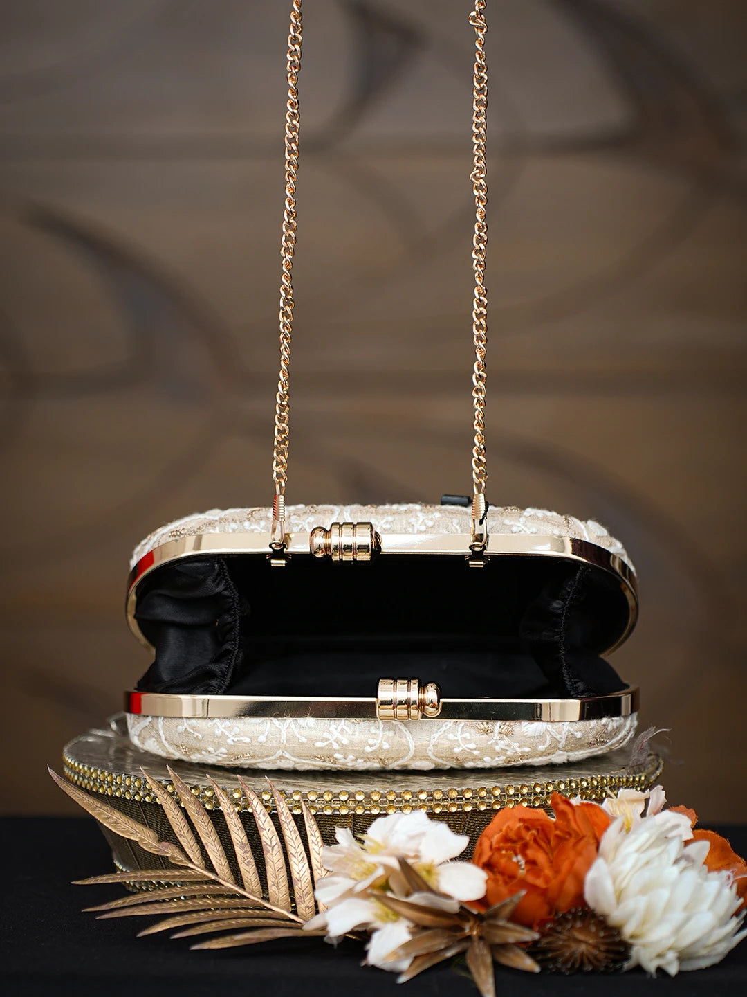 Ada Hand Embroidered Fawn Silk Lucknowi Chikankari Clutch With Zari Taar Work 01A791366