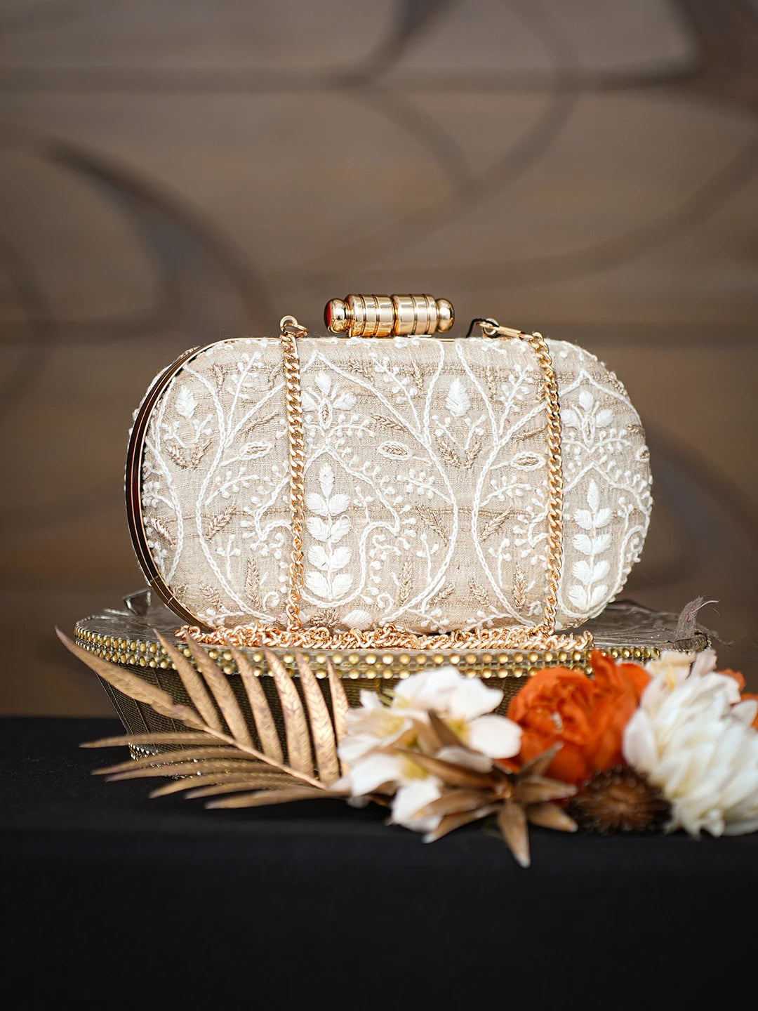 Ada Hand Embroidered Fawn Silk Lucknowi Chikankari Clutch With Zari Taar Work 01A791366