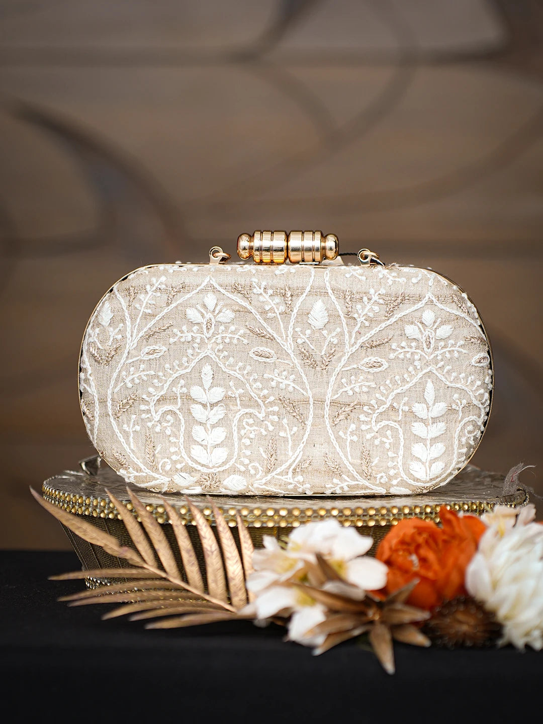 Ada Hand Embroidered Fawn Silk Lucknowi Chikankari Clutch With Zari Taar Work 01A791366