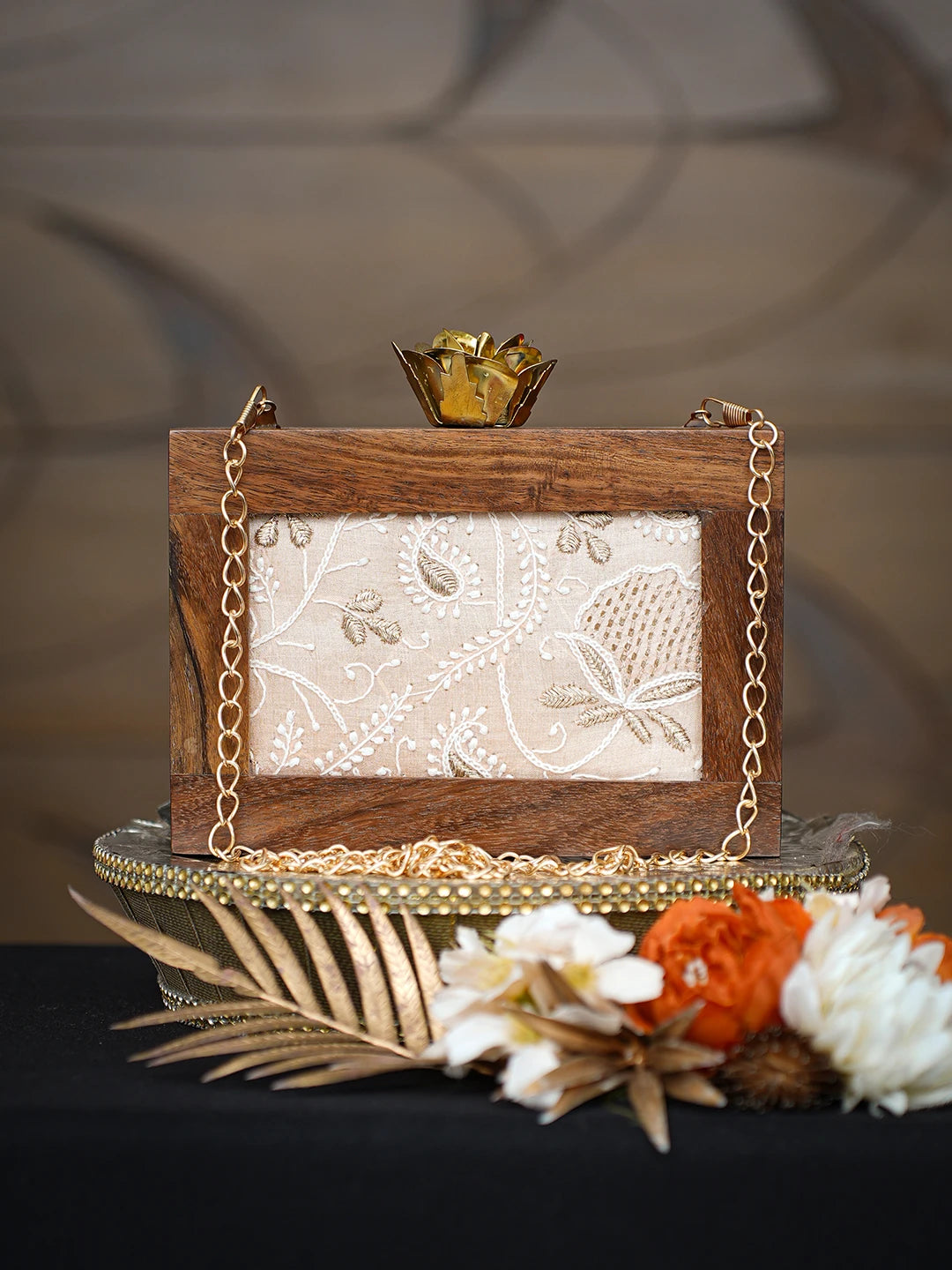 Ada Hand Embroidered Peach Silk Lucknowi Chikankari Clutch With Golden Zari Work 01A779479