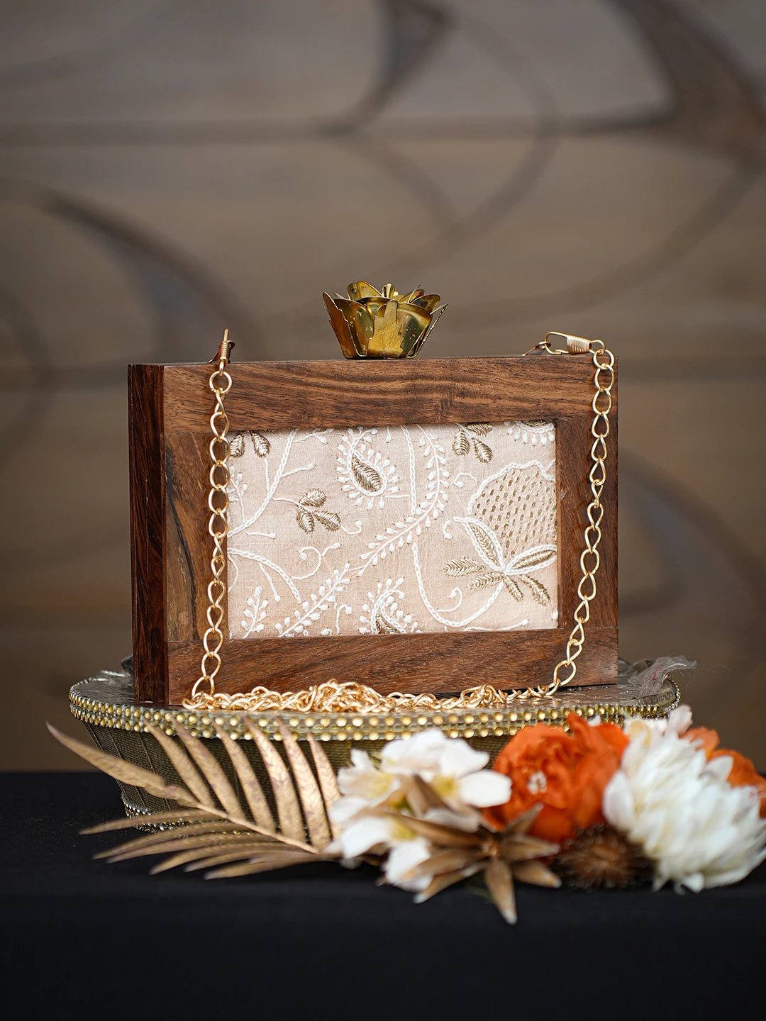 Ada Hand Embroidered Peach Silk Lucknowi Chikankari Clutch With Golden Zari Work 01A779479