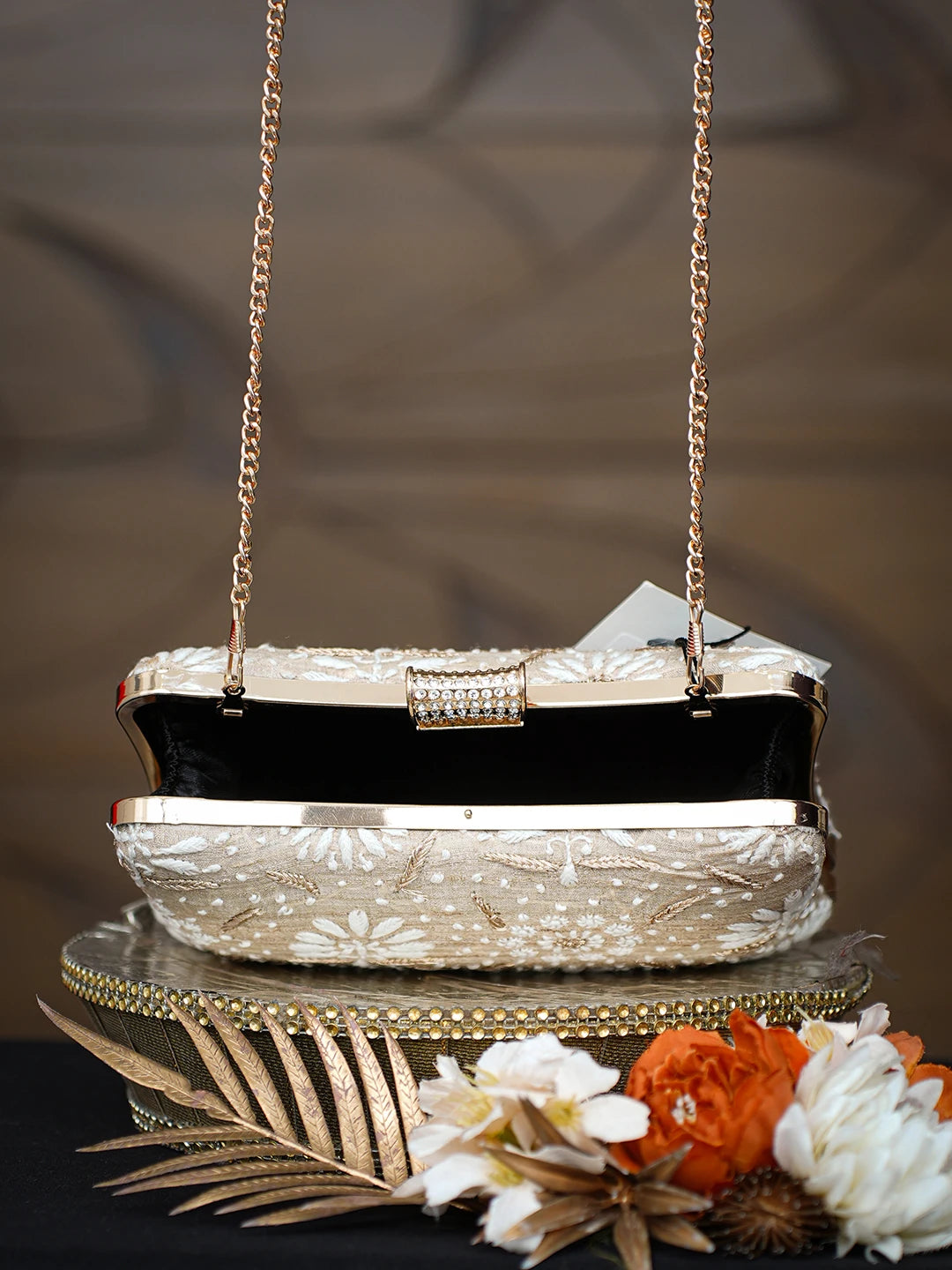 Ada Hand Embroidered Fawn Silk Lucknowi Chikankari Clutch With Zari Taar Work 01A781570
