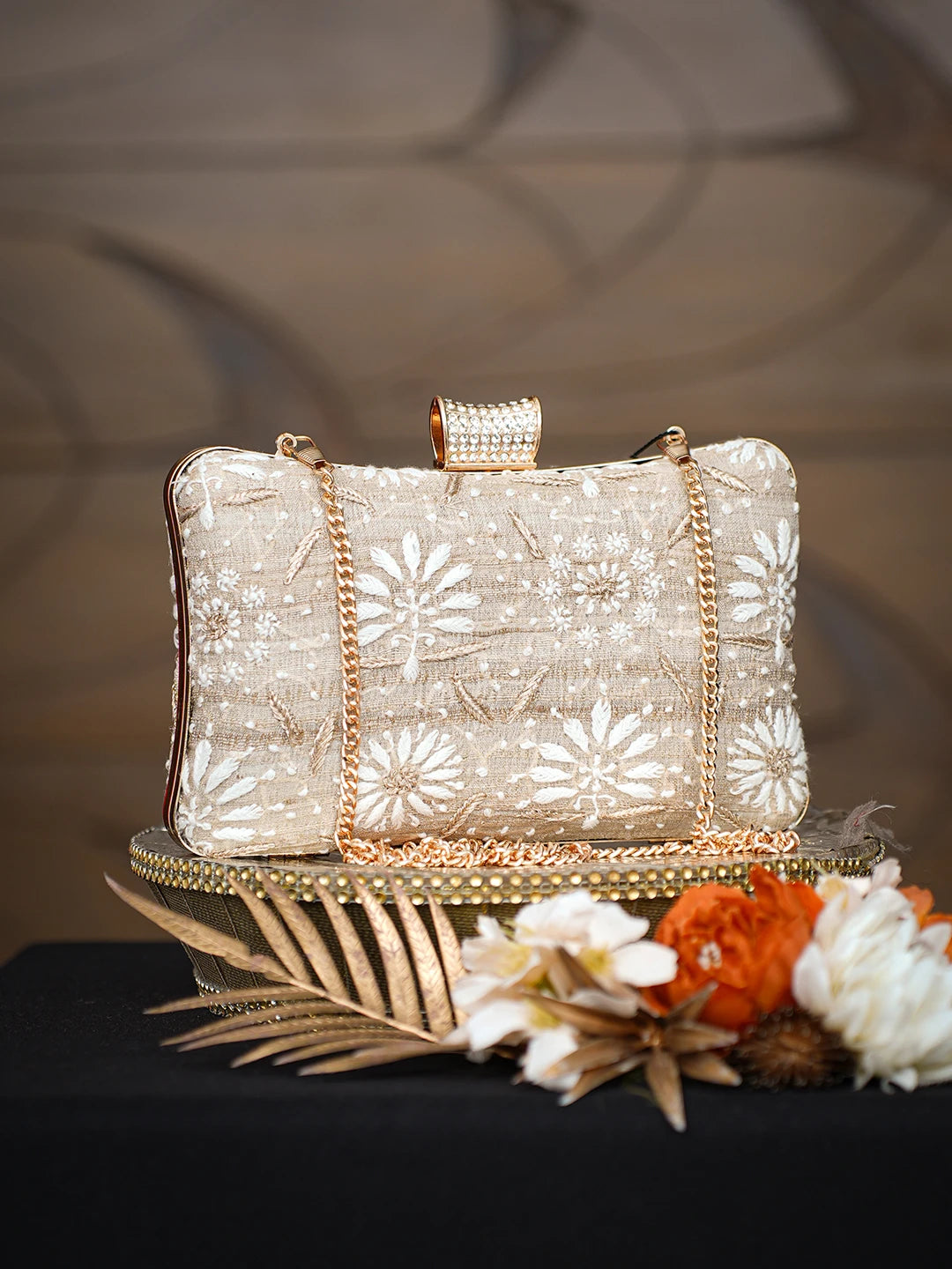 Ada Hand Embroidered Fawn Silk Lucknowi Chikankari Clutch With Zari Taar Work 01A781570