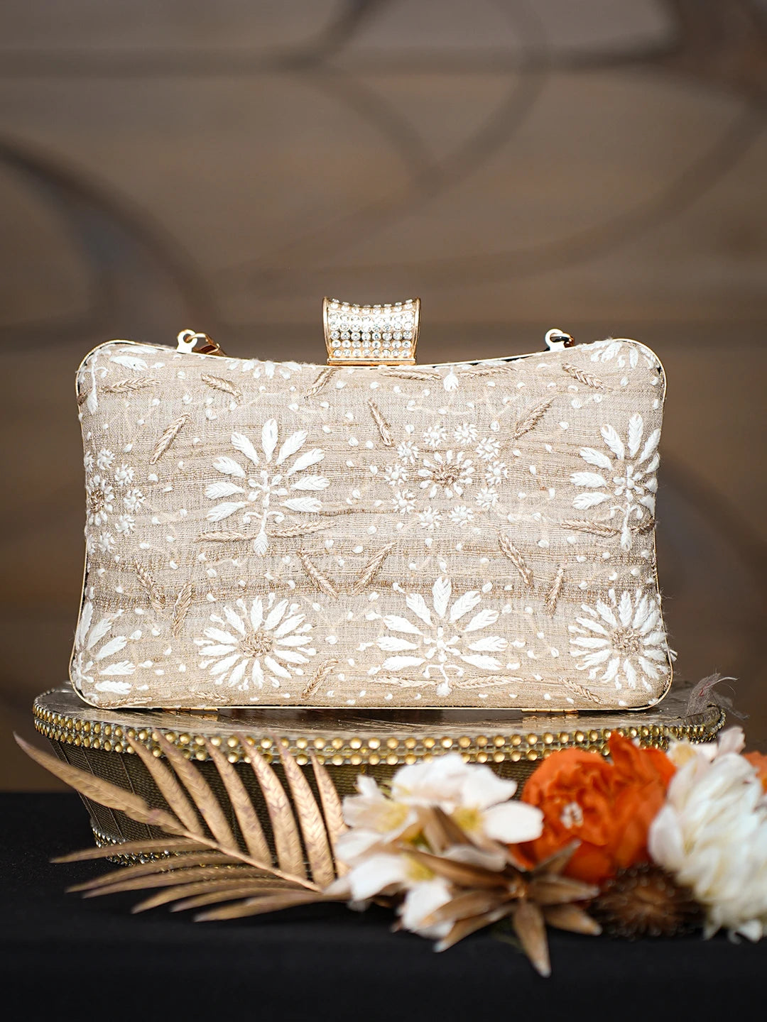 Ada Hand Embroidered Fawn Silk Lucknowi Chikankari Clutch With Zari Taar Work 01A781570