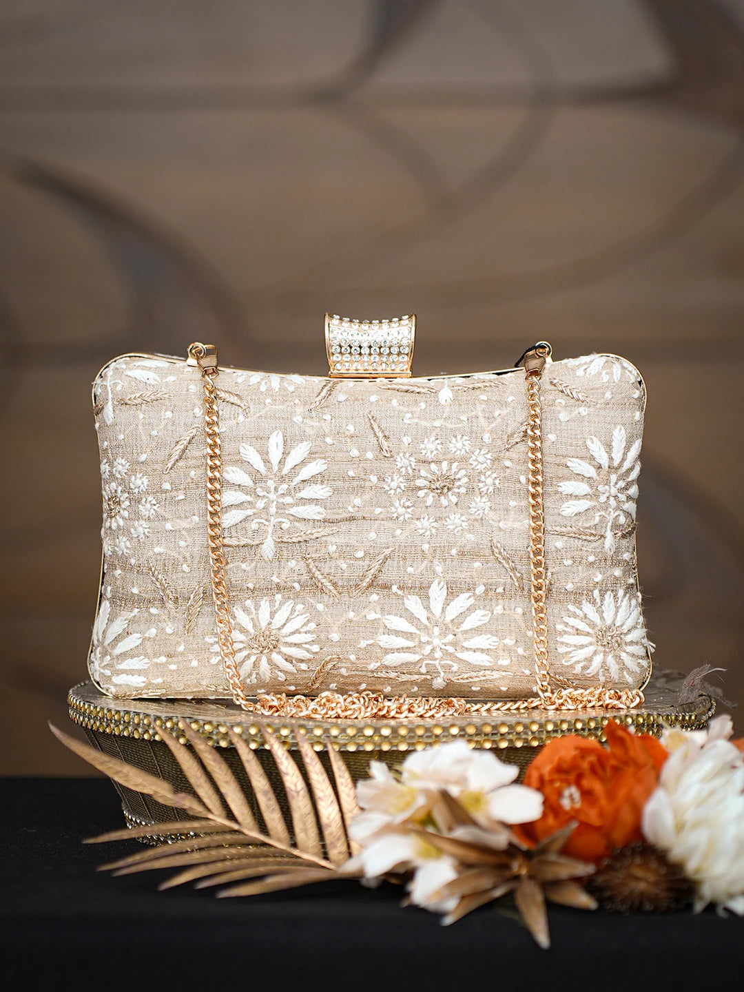 Ada Hand Embroidered Fawn Silk Lucknowi Chikankari Clutch With Zari Taar Work 01A781570
