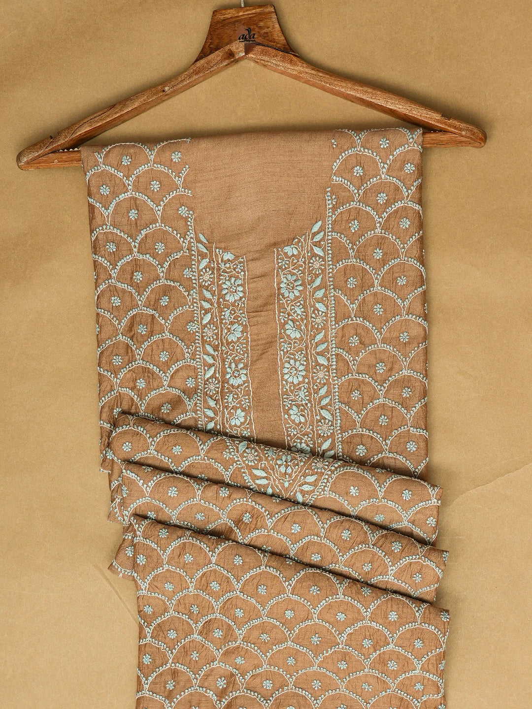 Ada Hand Embroidered Brown Moonga Silk Lucknowi Chikankari Unstitched Men's Kurta Piece 01A790957