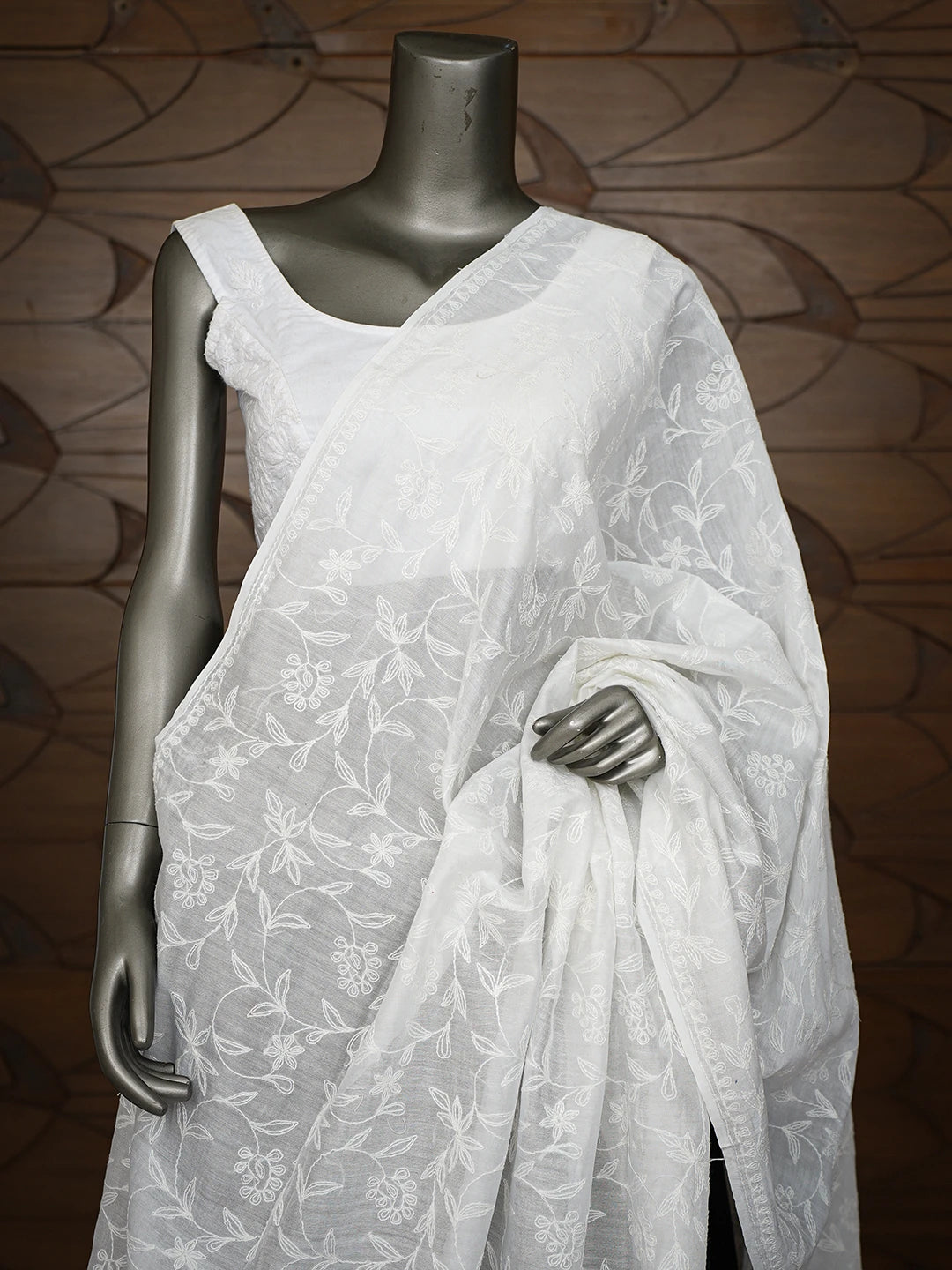 Ada Hand Embroidered White Chanderi Lucknowi Chikankari Dupatta 01A793256