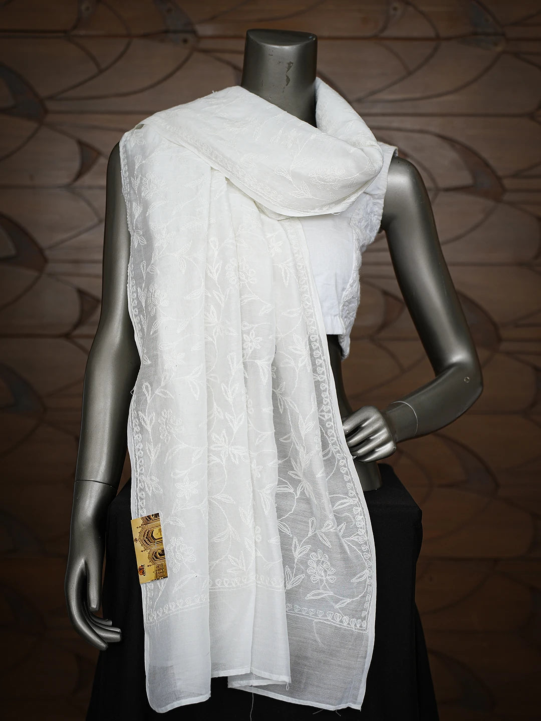 Ada Hand Embroidered White Chanderi Lucknowi Chikankari Dupatta 01A793256