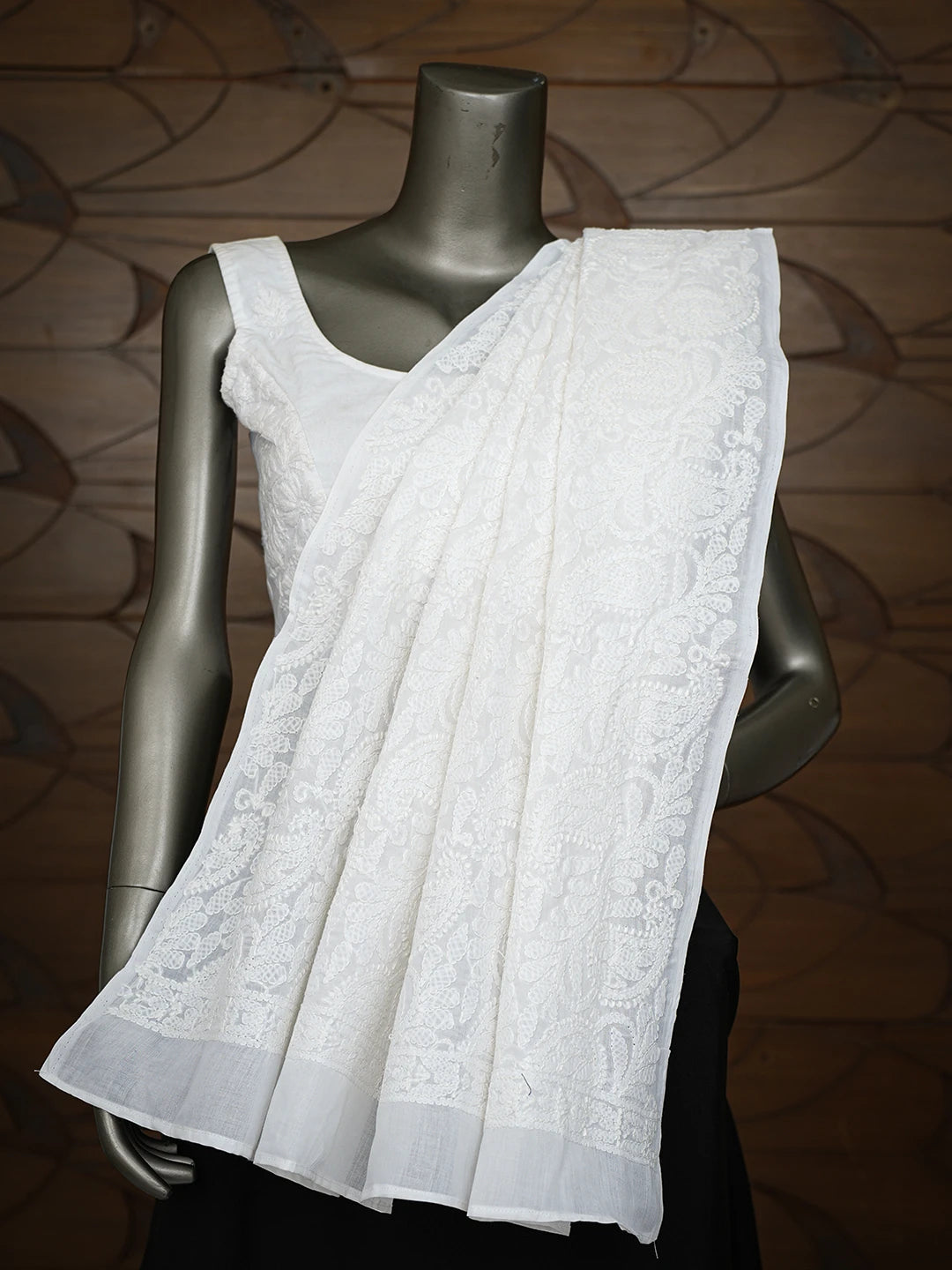 Ada Hand Embroidered White Cotton Lucknowi Chikankari Dupatta 01A793240