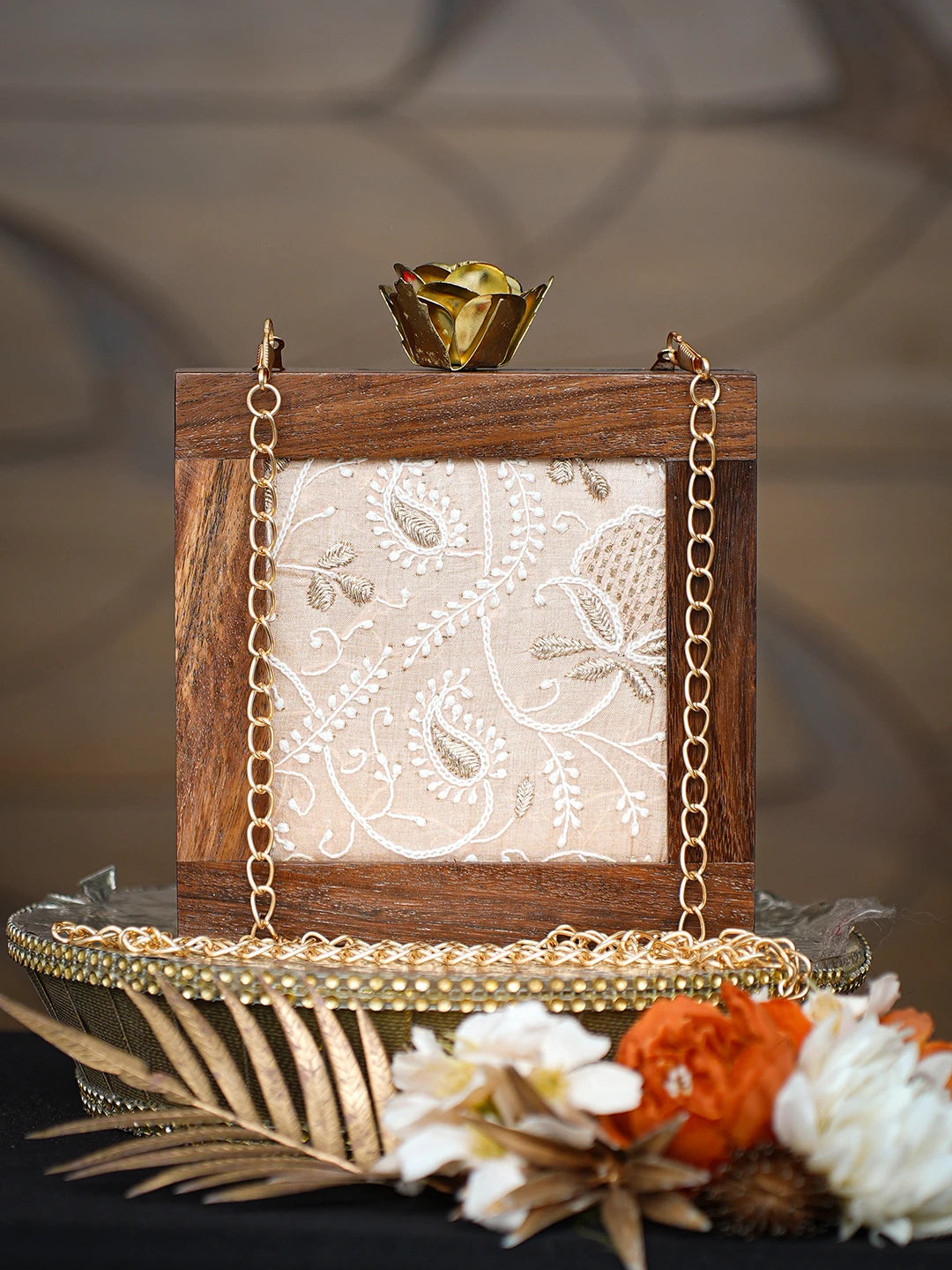 Ada Hand Embroidered Peach Silk Lucknowi Chikankari Clutch With Golden Zari Work 01A779480