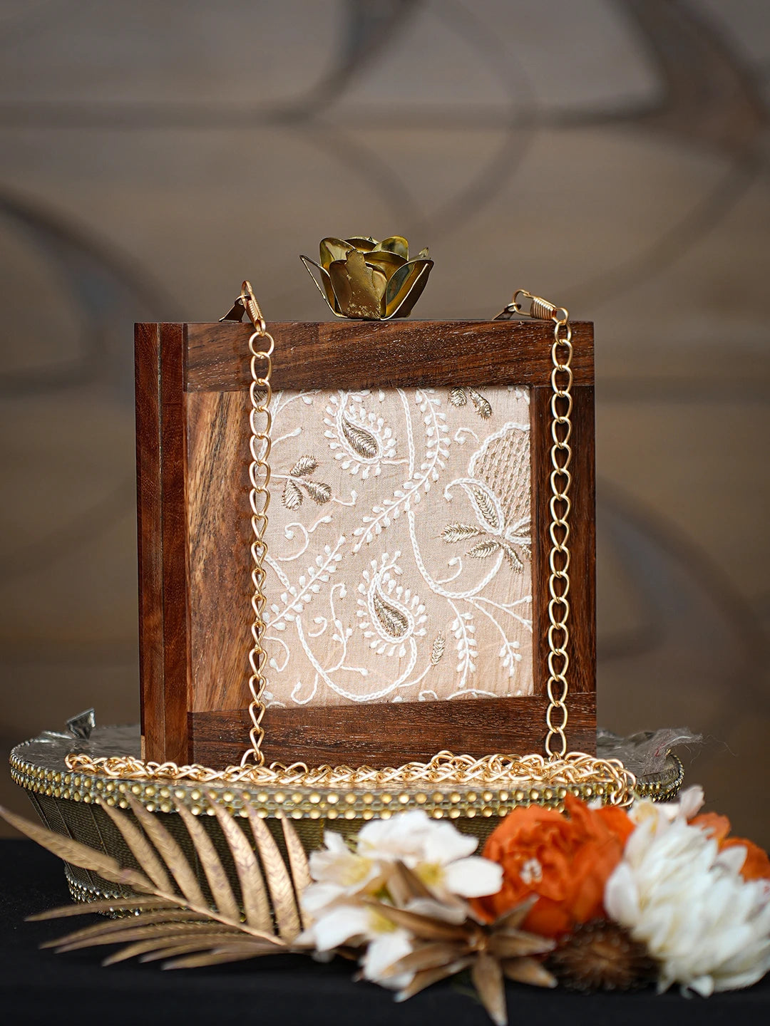 Ada Hand Embroidered Peach Silk Lucknowi Chikankari Clutch With Golden Zari Work 01A779480