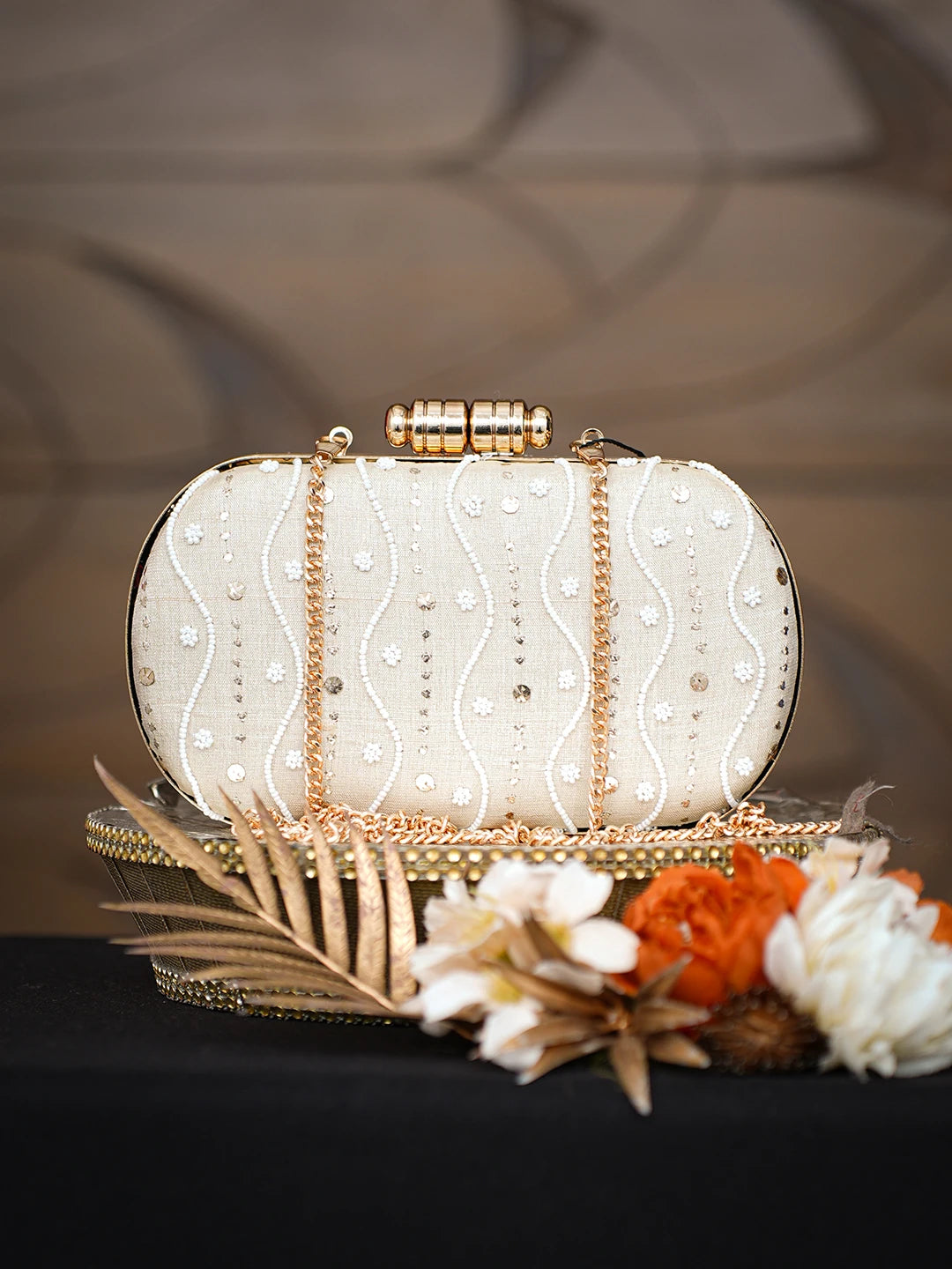 Ada Hand Embroidered Fawn Silk Lucknowi Chikankari Clutch With Pearl Work 01A785652