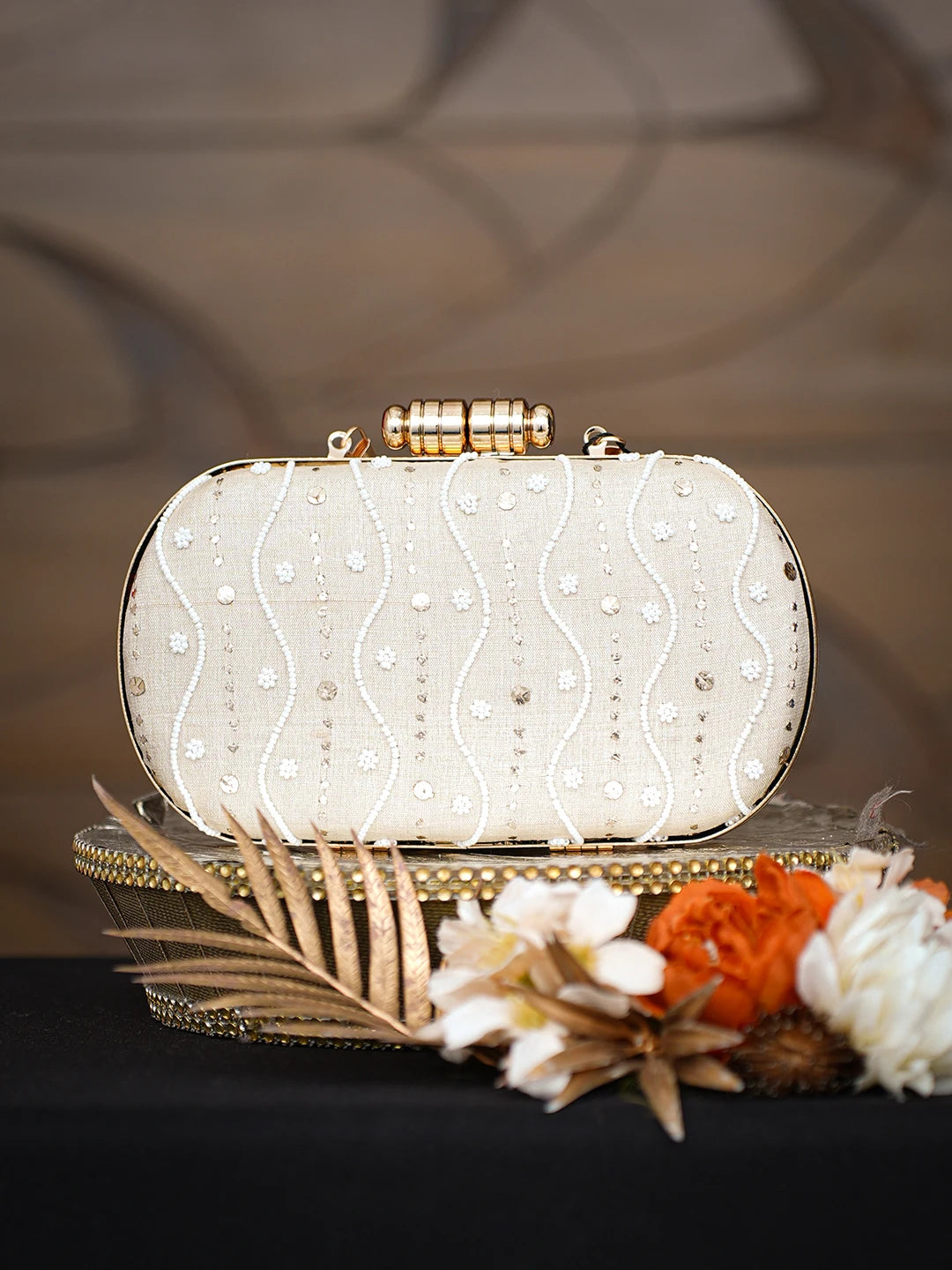 Ada Hand Embroidered Fawn Silk Lucknowi Chikankari Clutch With Pearl Work 01A785652