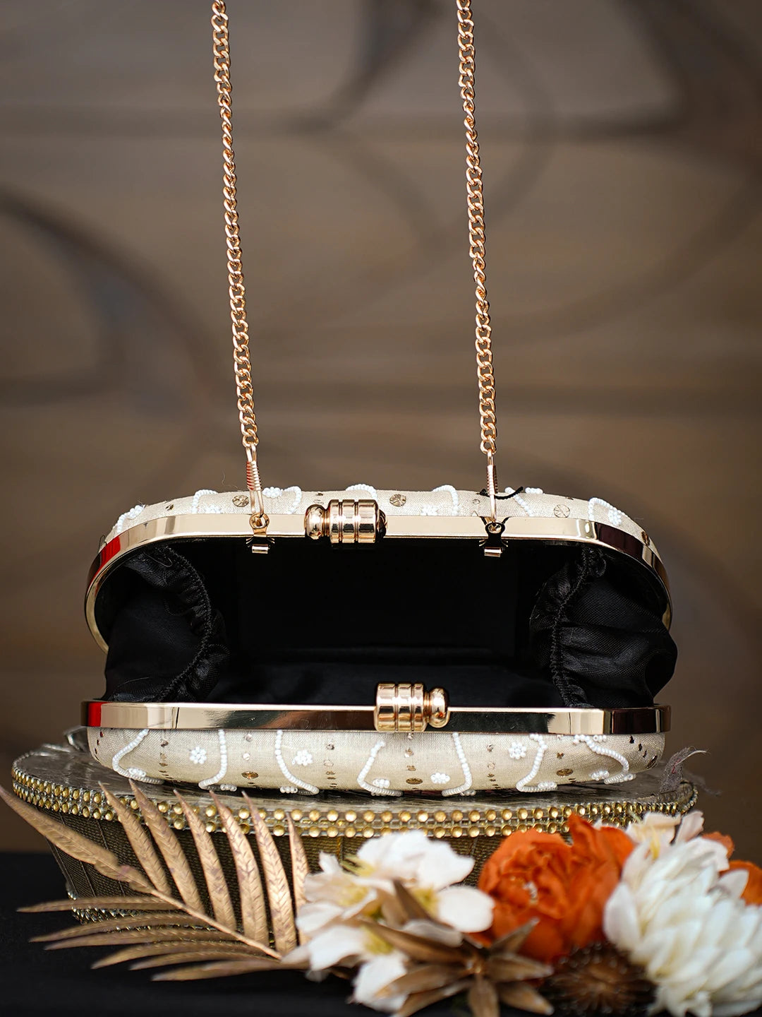 Ada Hand Embroidered Fawn Silk Lucknowi Chikankari Clutch With Pearl Work 01A785652