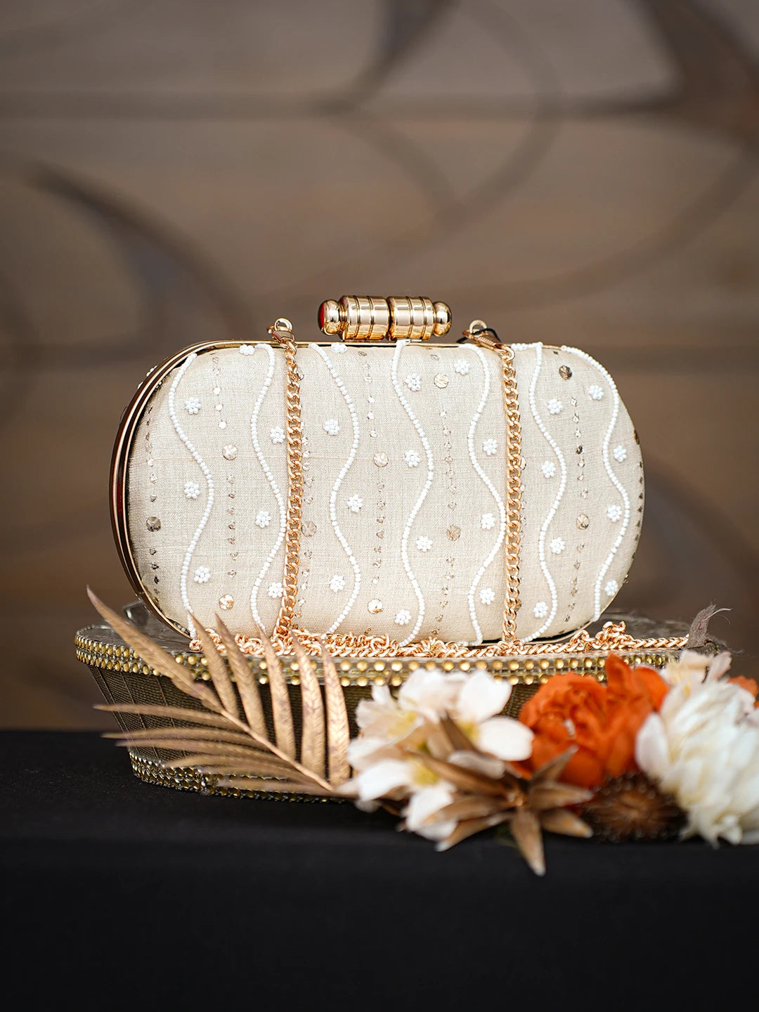 Ada Hand Embroidered Fawn Silk Lucknowi Chikankari Clutch With Pearl Work 01A785652