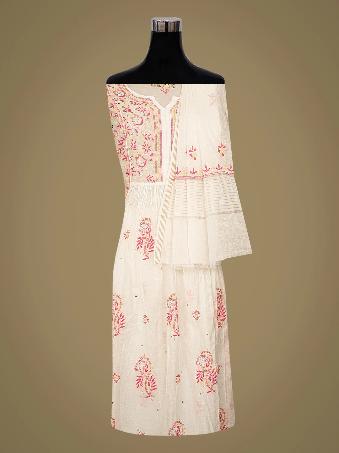 Ada Hand Embroidered White Chanderi Lucknowi Chikankari Semi-stitched Kurta Dupatta Set With Muqaish Work 01A793541