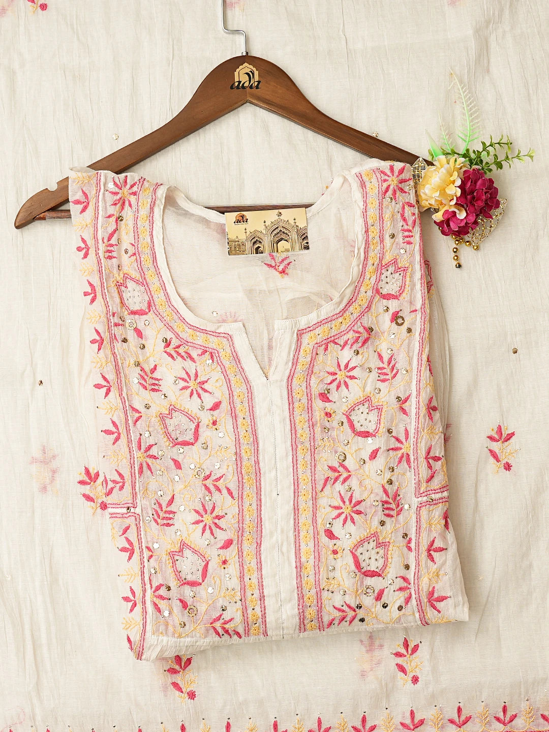 Ada Hand Embroidered White Chanderi Lucknowi Chikankari Semi-stitched Kurta Dupatta Set With Muqaish Work 01A793541