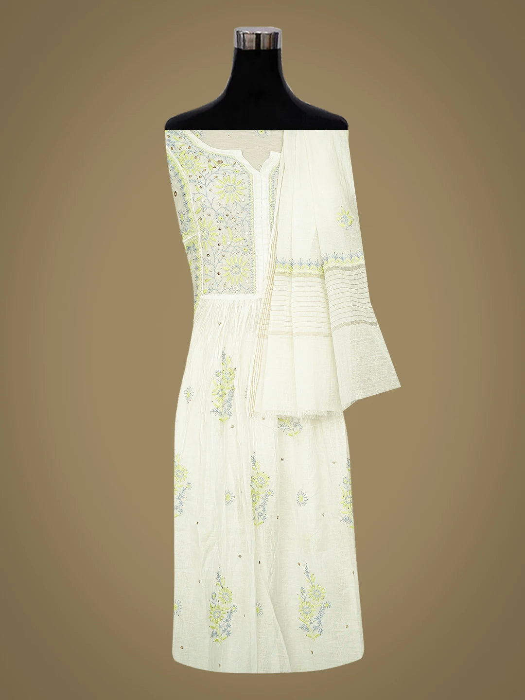 Ada Hand Embroidered White Chanderi Lucknowi Chikankari Semi-stitched Kurta Dupatta Set With Muqaish Work 01A793540