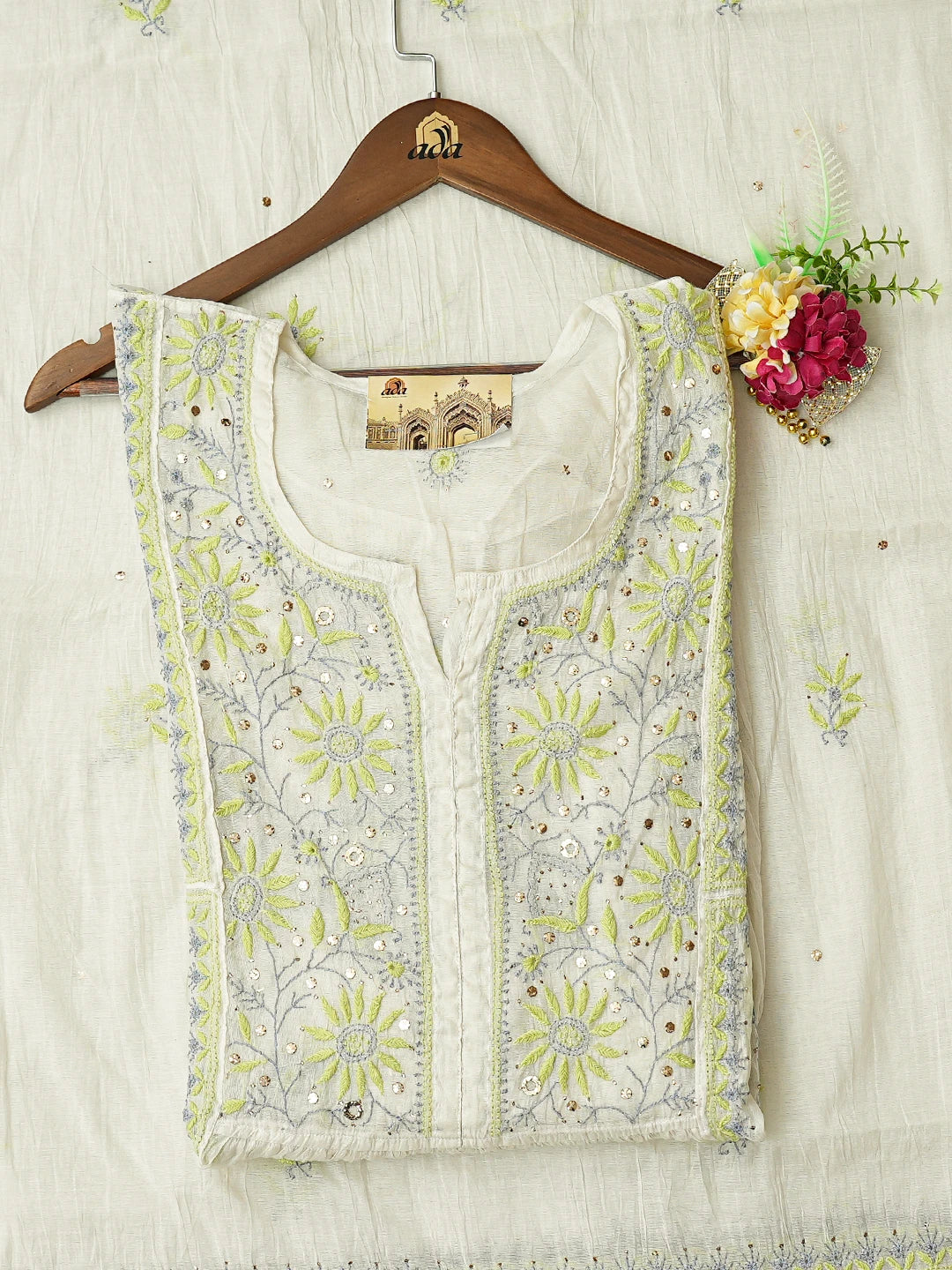 Ada Hand Embroidered White Chanderi Lucknowi Chikankari Semi-stitched Kurta Dupatta Set With Muqaish Work 01A793540