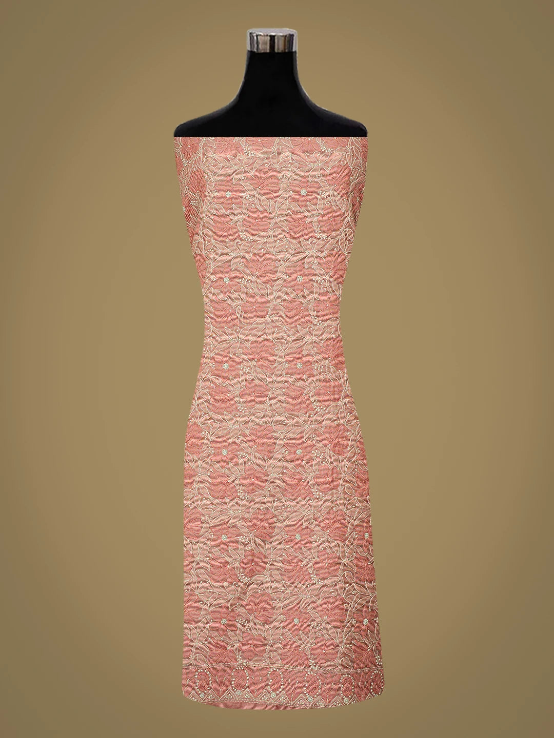 Ada Hand Embroidered Peach Chanderi Lucknowi Chikankari Unstitched Kurta Dupatta Set 01A763864