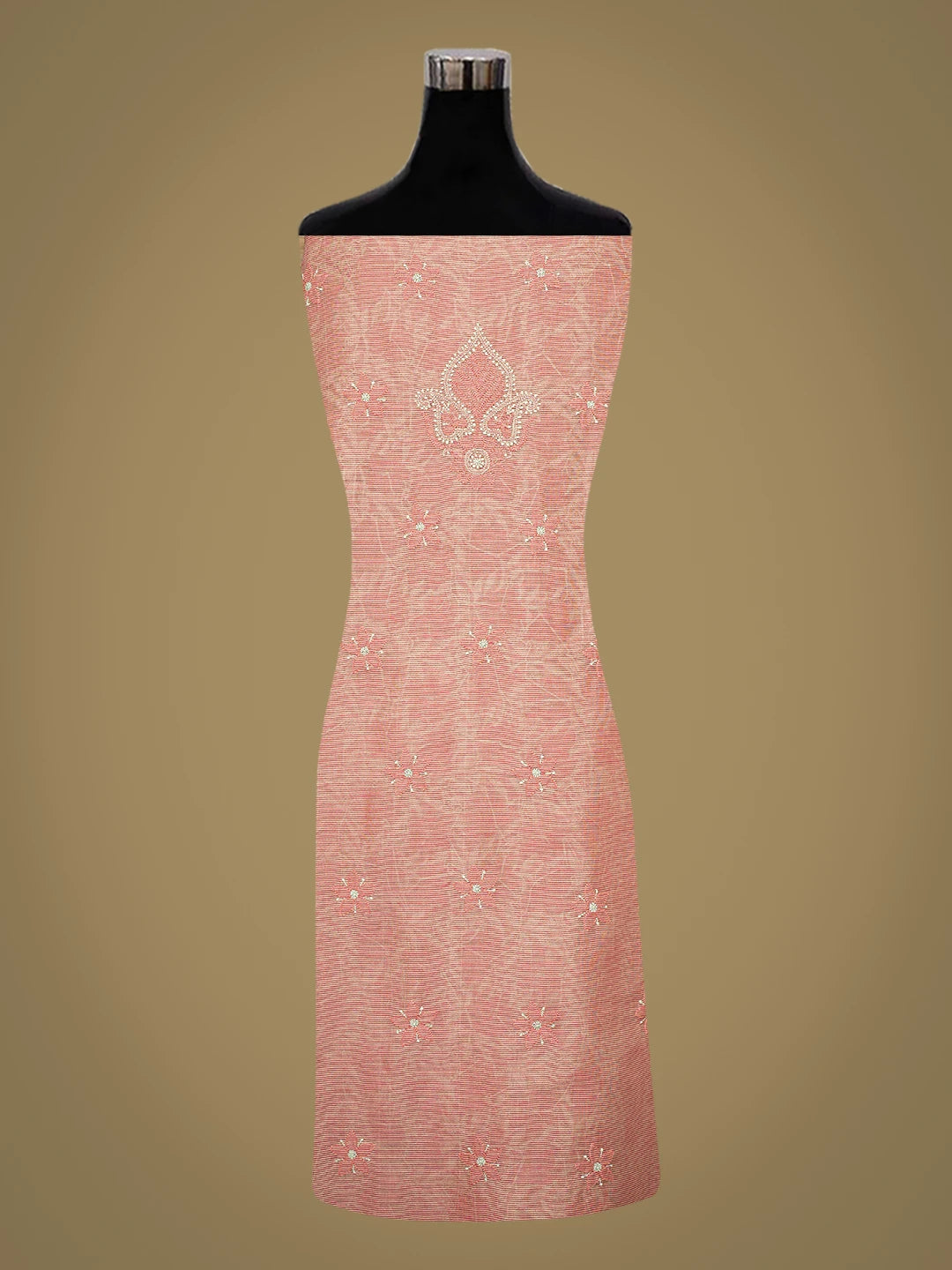 Ada Hand Embroidered Peach Chanderi Lucknowi Chikankari Unstitched Kurta Dupatta Set 01A763864