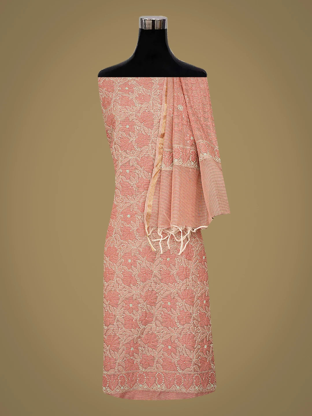 Ada Hand Embroidered Peach Chanderi Lucknowi Chikankari Unstitched Kurta Dupatta Set 01A763864