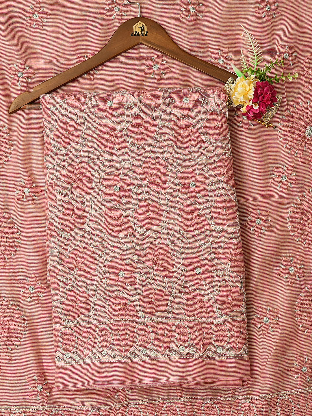 Ada Hand Embroidered Peach Chanderi Lucknowi Chikankari Unstitched Kurta Dupatta Set 01A763864
