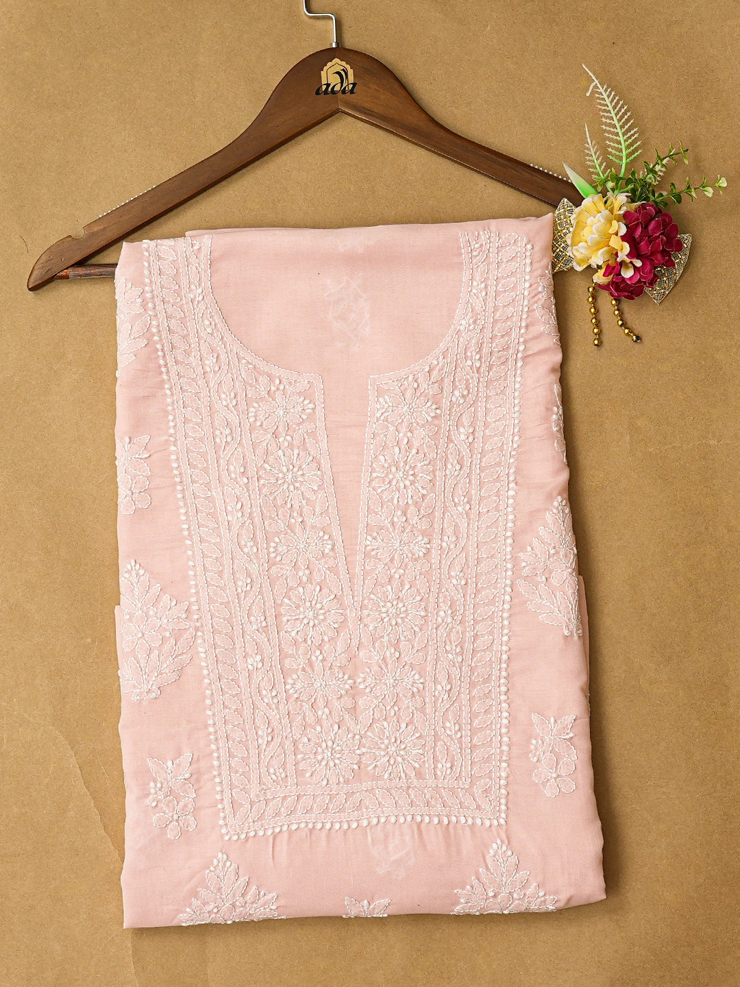 Ada Hand Embroidered Dusty Pink Cotton Lucknowi Chikankari Unstitched Kurta Piece 01A772816