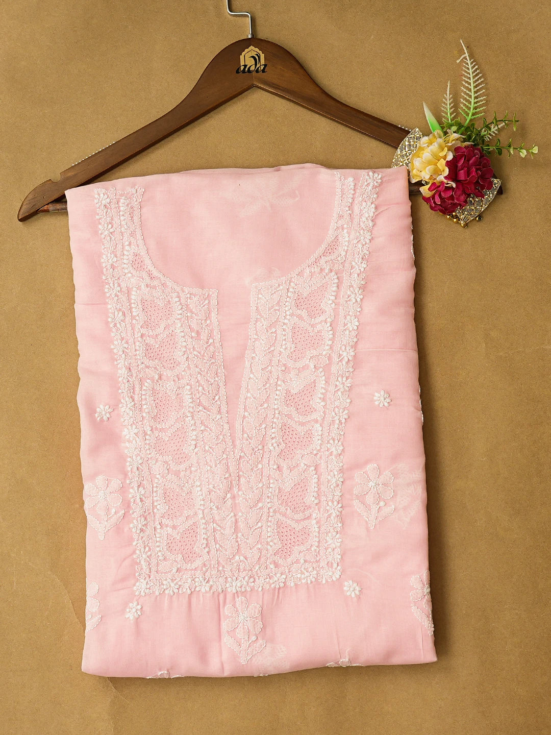 Ada Hand Embroidered Pink Cotton Lucknowi Chikankari Unstitched Kurta Piece 01A772854