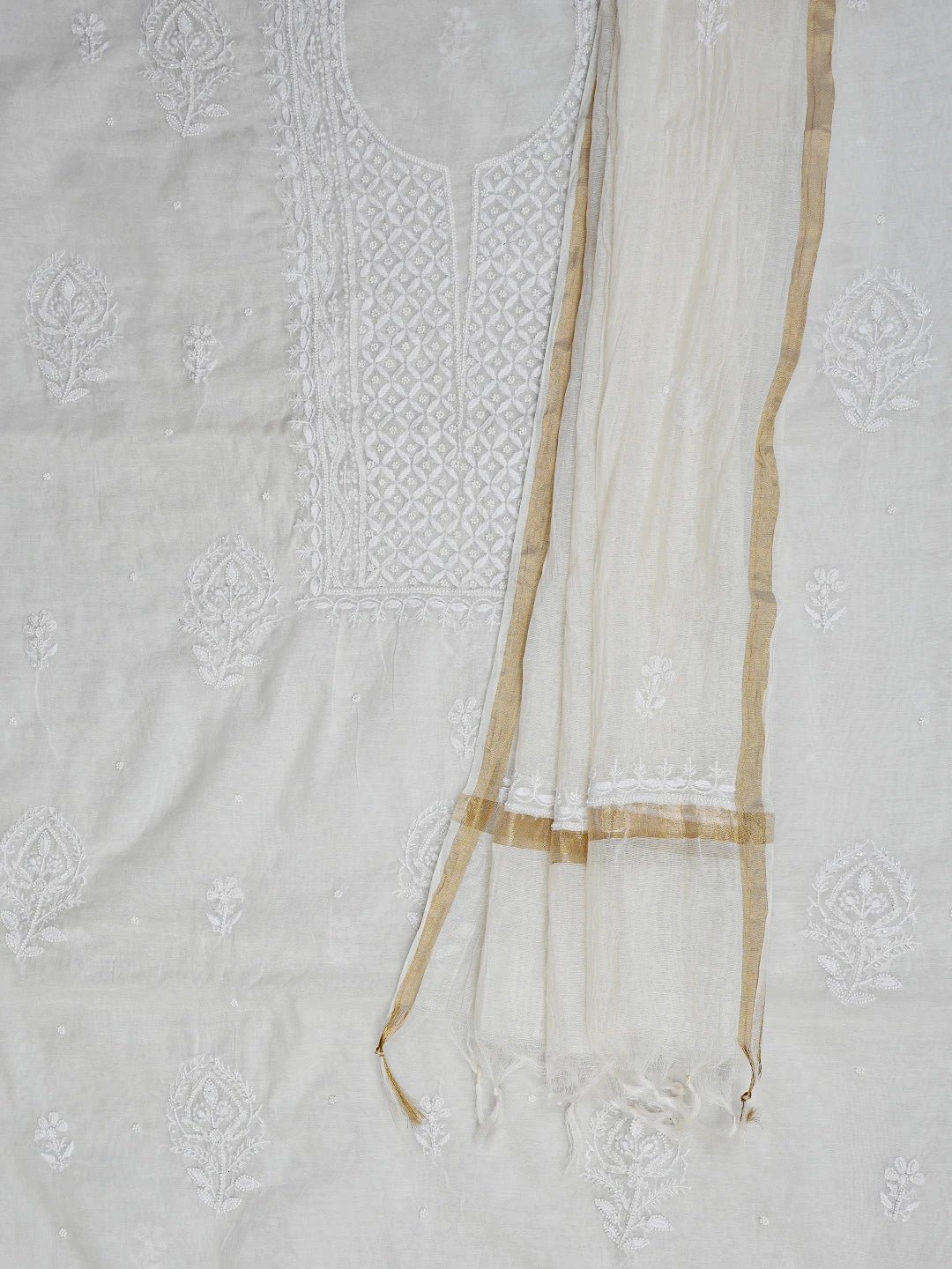 Ada Hand Embroidered White Chanderi Lucknowi Chikankari Unstitched Kurta Dupatta Set With Cutdana Work 01A793605