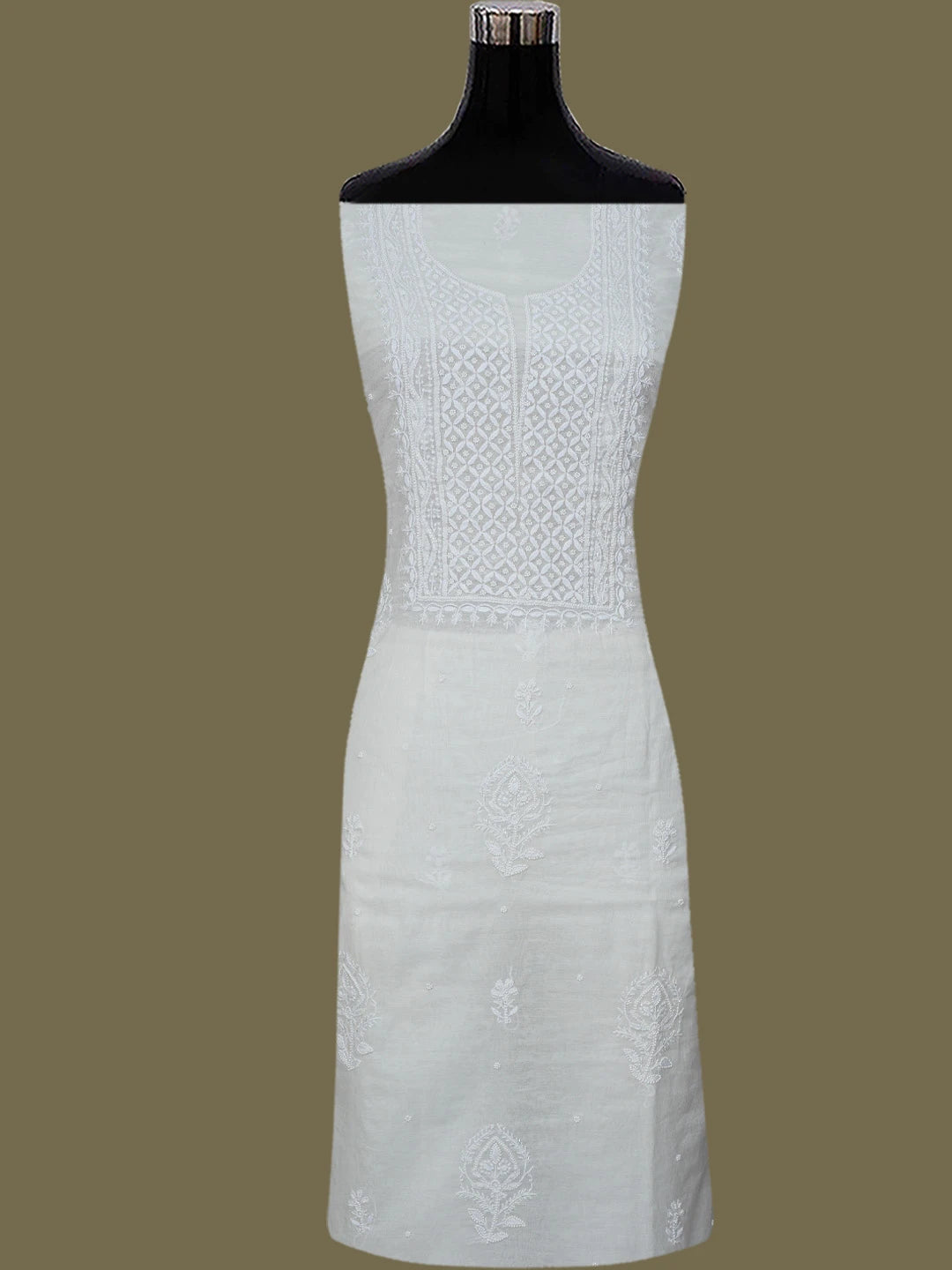 Ada Hand Embroidered White Chanderi Lucknowi Chikankari Unstitched Kurta Dupatta Set With Cutdana Work 01A793605