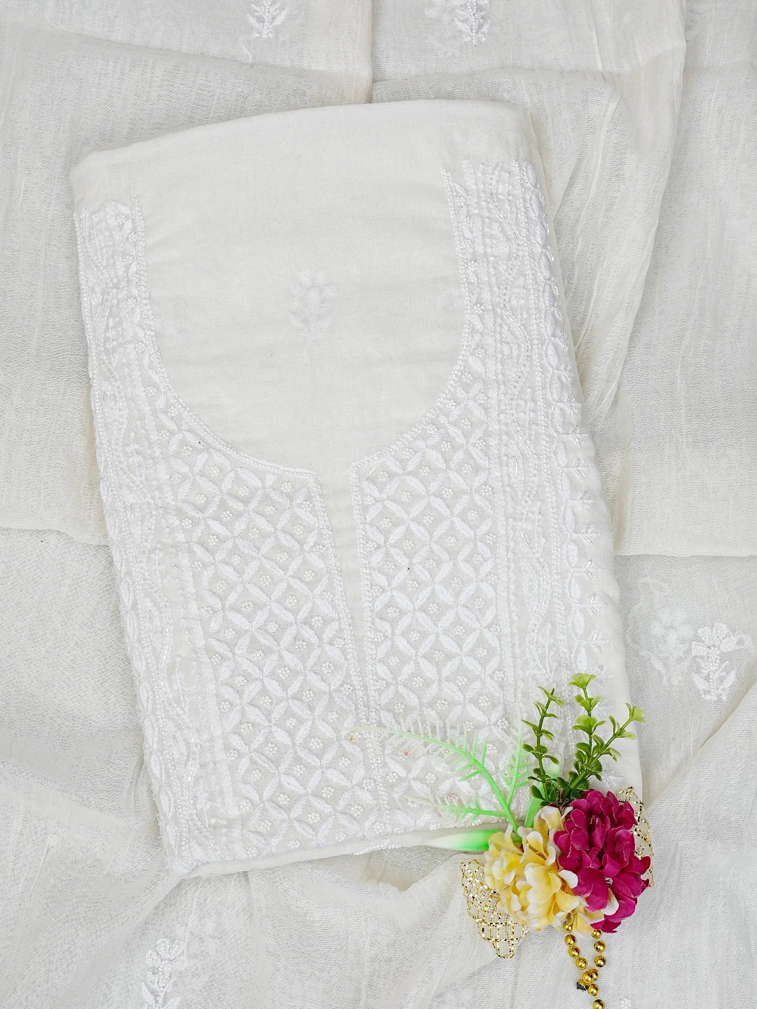 Ada Hand Embroidered White Chanderi Lucknowi Chikankari Unstitched Kurta Dupatta Set With Cutdana Work 01A793605