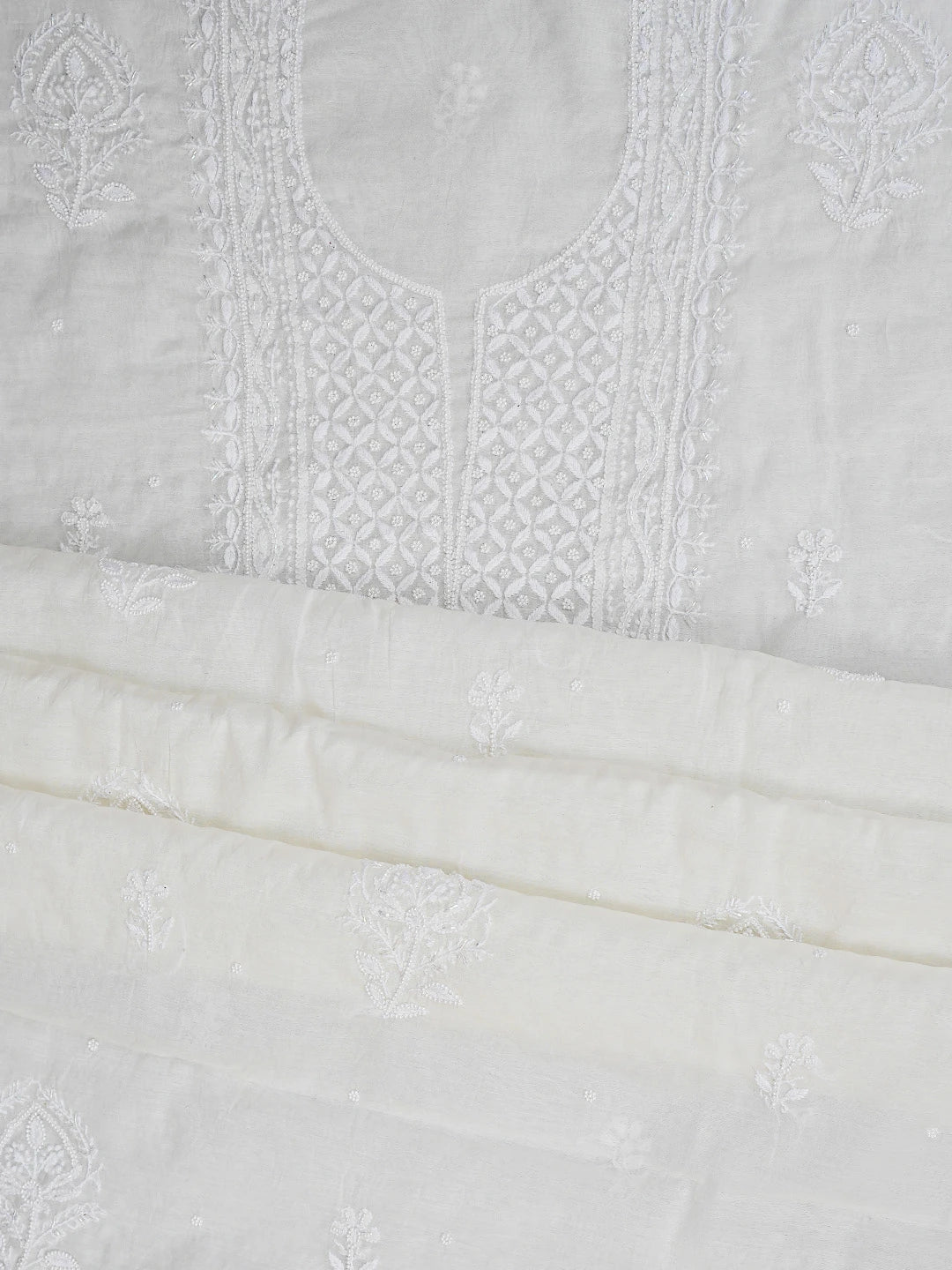 Ada Hand Embroidered White Chanderi Lucknowi Chikankari Unstitched Kurta Dupatta Set With Cutdana Work 01A793605