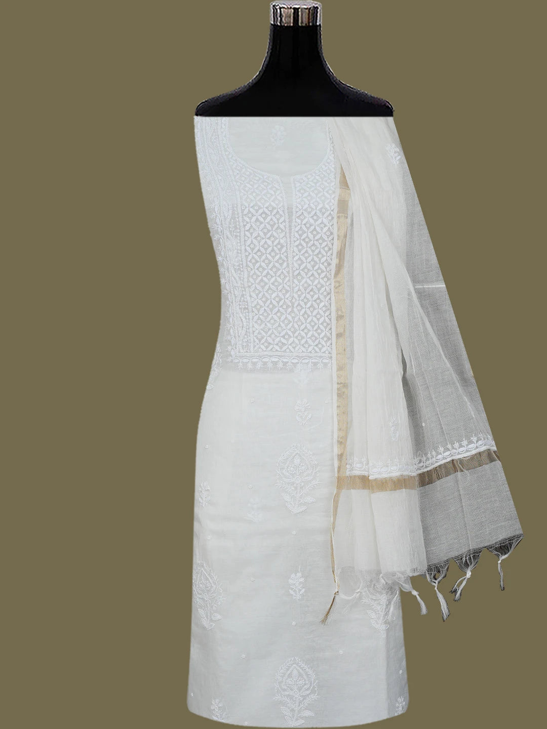 Ada Hand Embroidered White Chanderi Lucknowi Chikankari Unstitched Kurta Dupatta Set With Cutdana Work 01A793605
