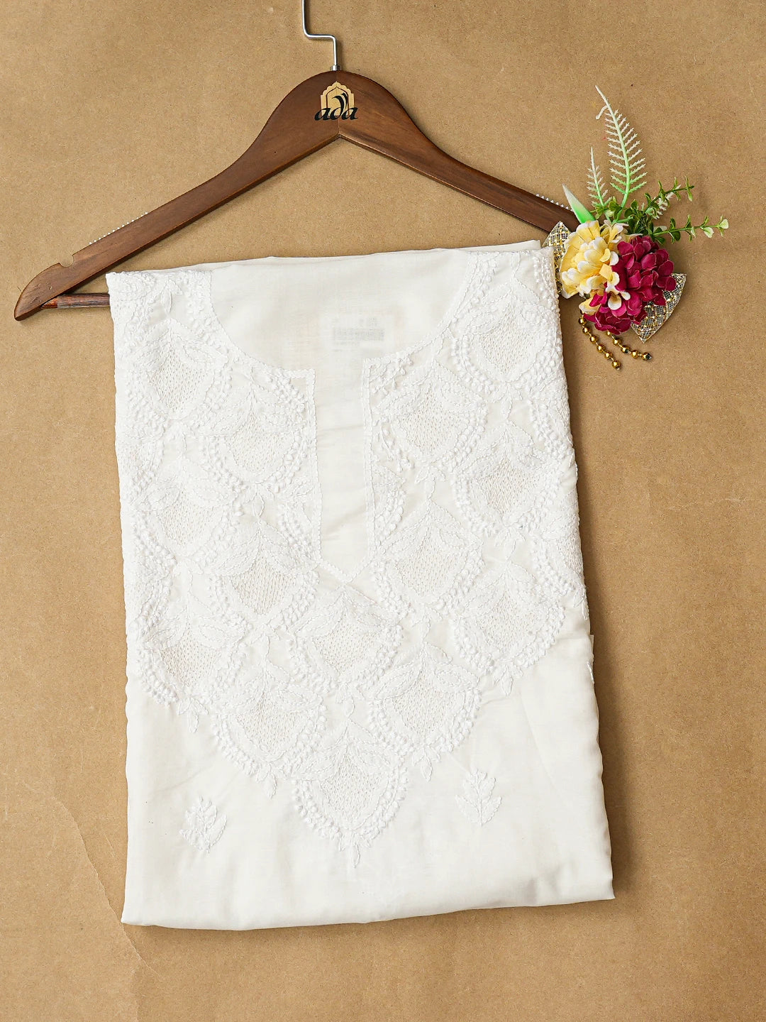 Ada Hand Embroidered White Cotton Lucknowi Chikankari Unstitched Kurta Piece 01A607339