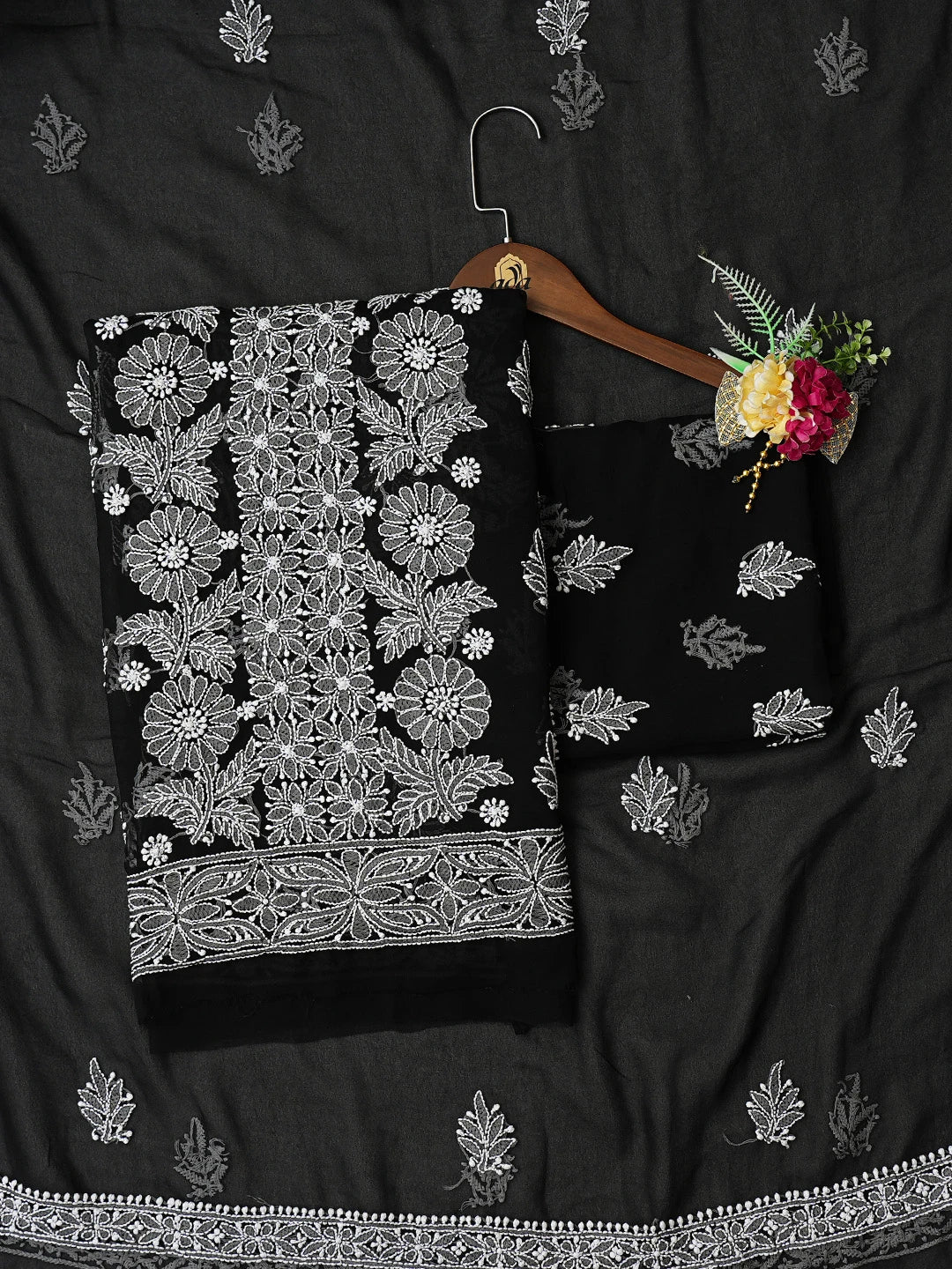 Ada Hand Embroidered Black Georgette Lucknowi Chikankari Unstitched Suit Piece 01A793566