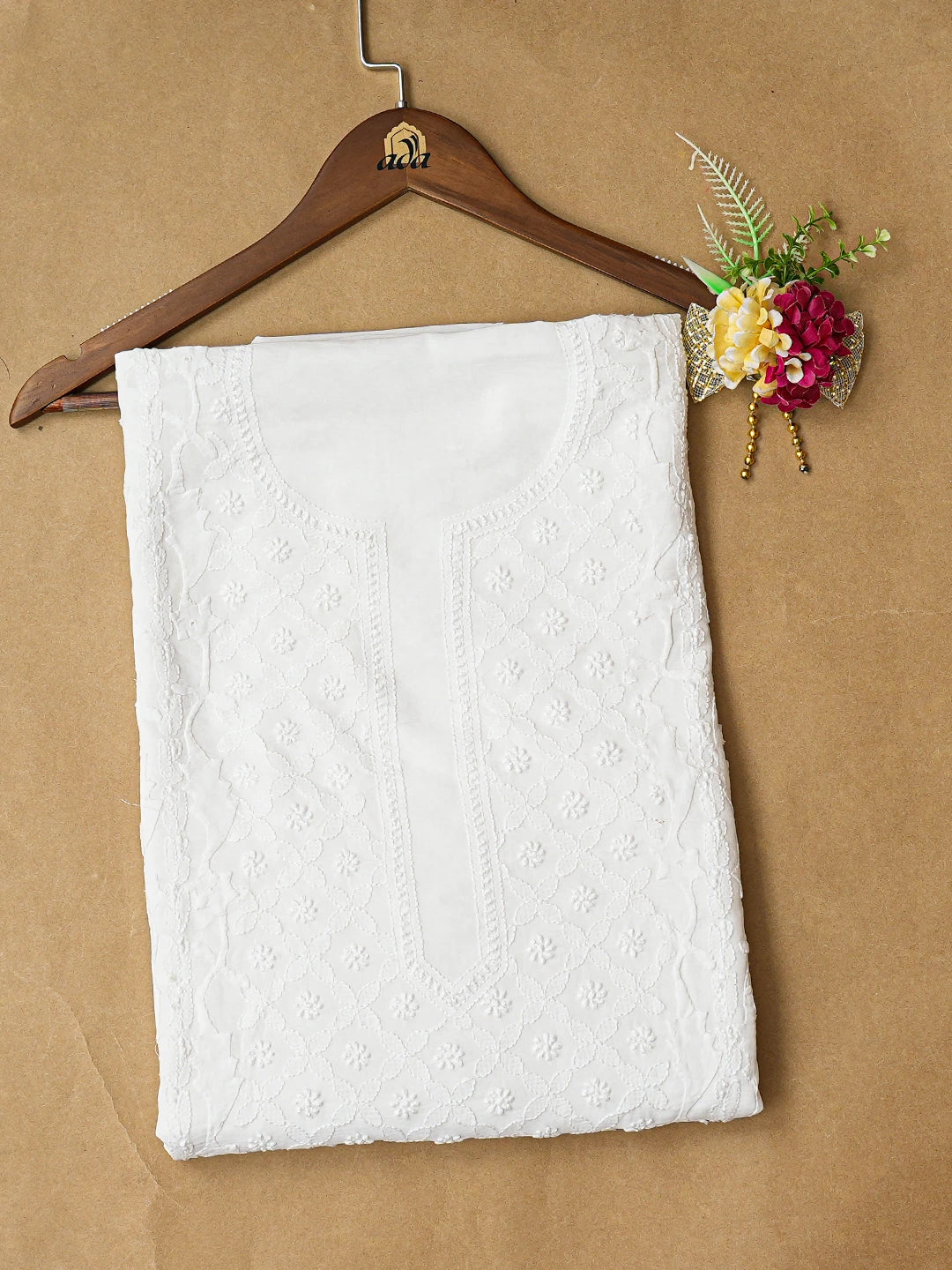 Ada Hand Embroidered White Cotton Lucknowi Chikankari Unstitched Kurta Piece 01A791952