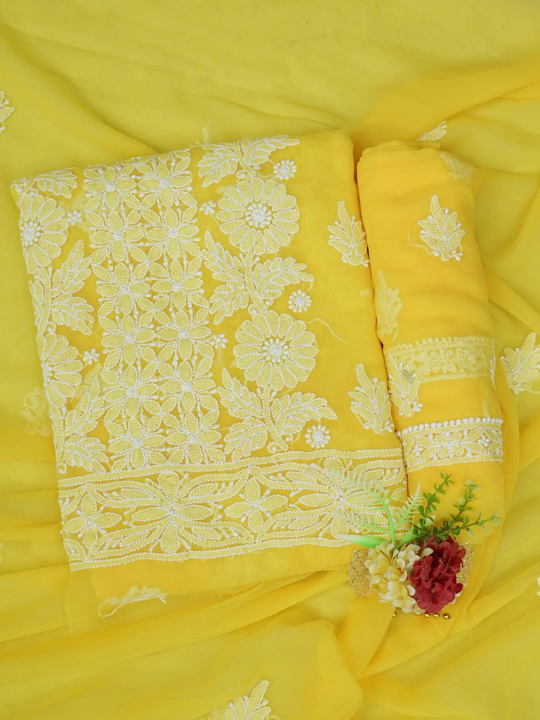 Ada Hand Embroidered Yellow Georgette Lucknowi Chikankari Unstitched Suit Piece 01A793499