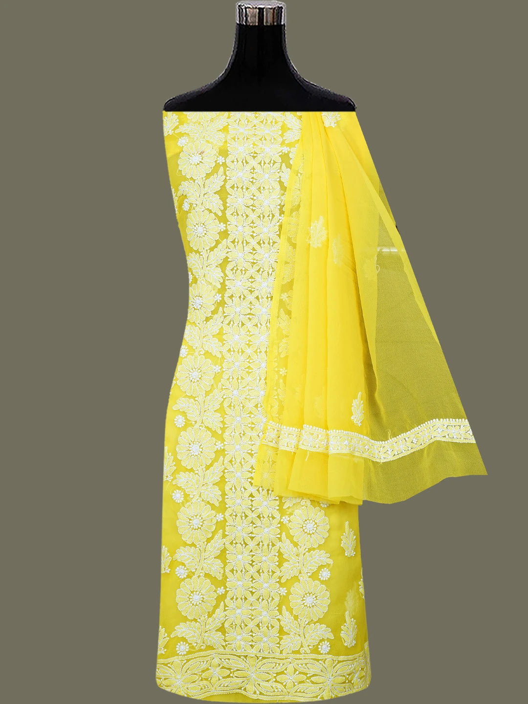 Ada Hand Embroidered Yellow Georgette Lucknowi Chikankari Unstitched Suit Piece 01A793499
