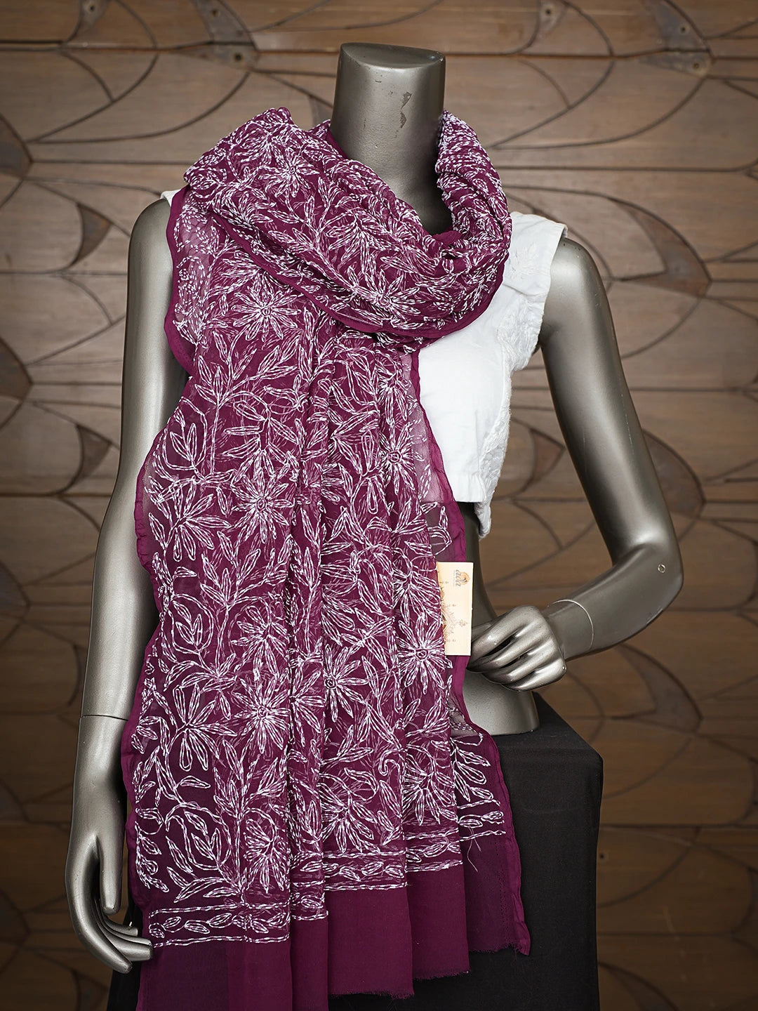 Ada Hand Embroidered Wine Faux Georgette Lucknowi Chikankari Dupatta 01A751434