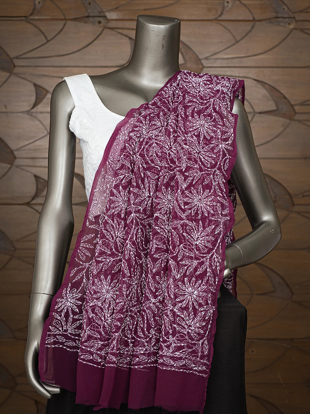 Ada Hand Embroidered Wine Faux Georgette Lucknowi Chikankari Dupatta 01A751434