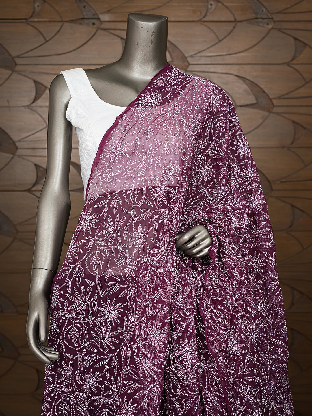 Ada Hand Embroidered Wine Faux Georgette Lucknowi Chikankari Dupatta 01A751434