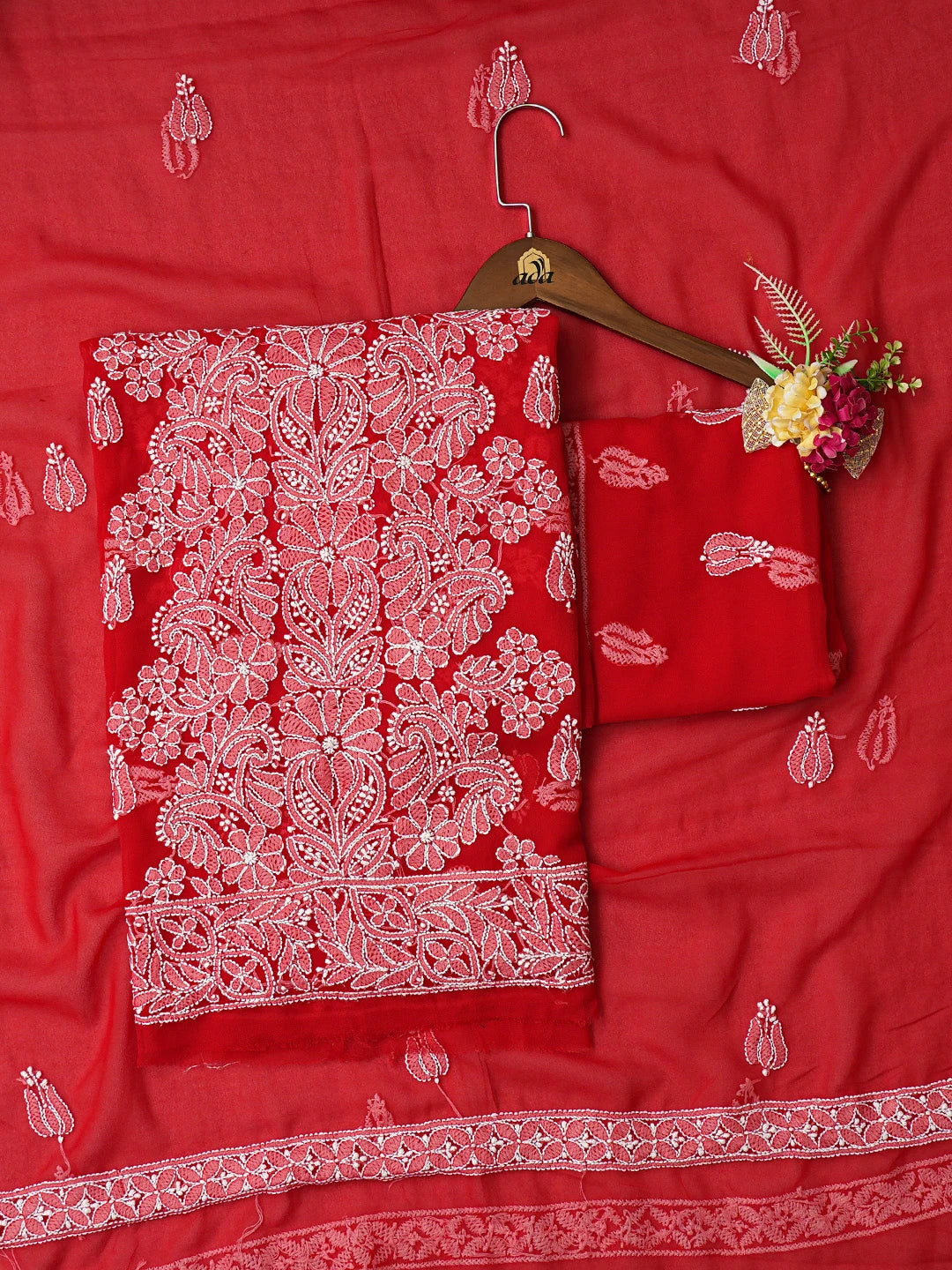 Ada Hand Embroidered Red Georgette Lucknowi Chikankari Unstitched Suit Piece 01A793489