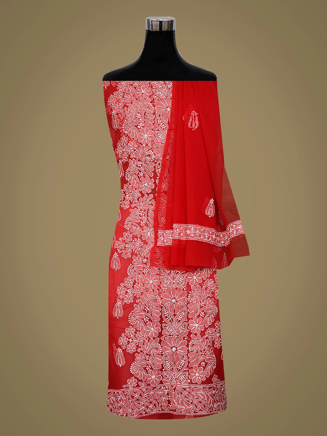 Ada Hand Embroidered Red Georgette Lucknowi Chikankari Unstitched Suit Piece 01A793489