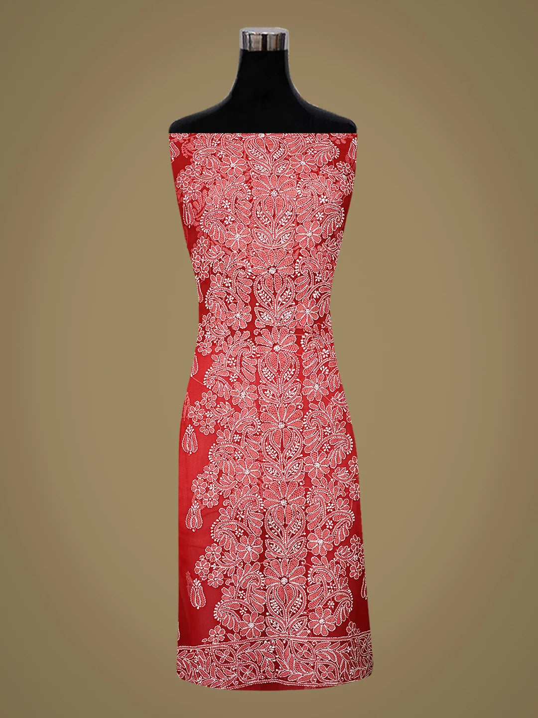 Ada Hand Embroidered Red Georgette Lucknowi Chikankari Unstitched Suit Piece 01A793489