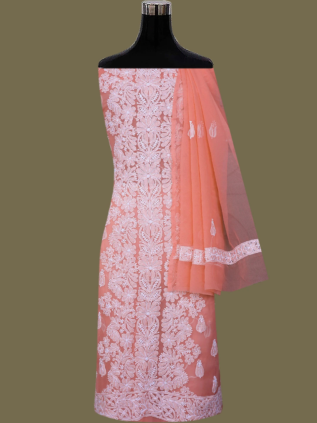 Ada Hand Embroidered Carrot Pink Georgette Lucknowi Chikankari Unstitched Suit Piece 01A793448