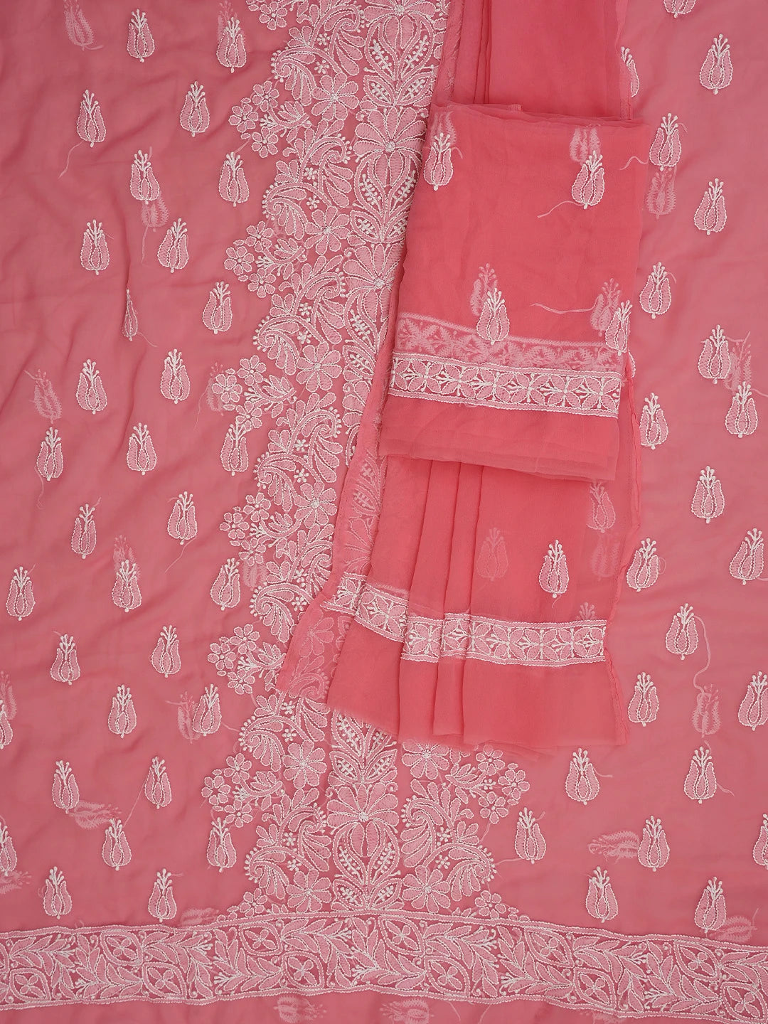 Ada Hand Embroidered Carrot Pink Georgette Lucknowi Chikankari Unstitched Suit Piece 01A793448