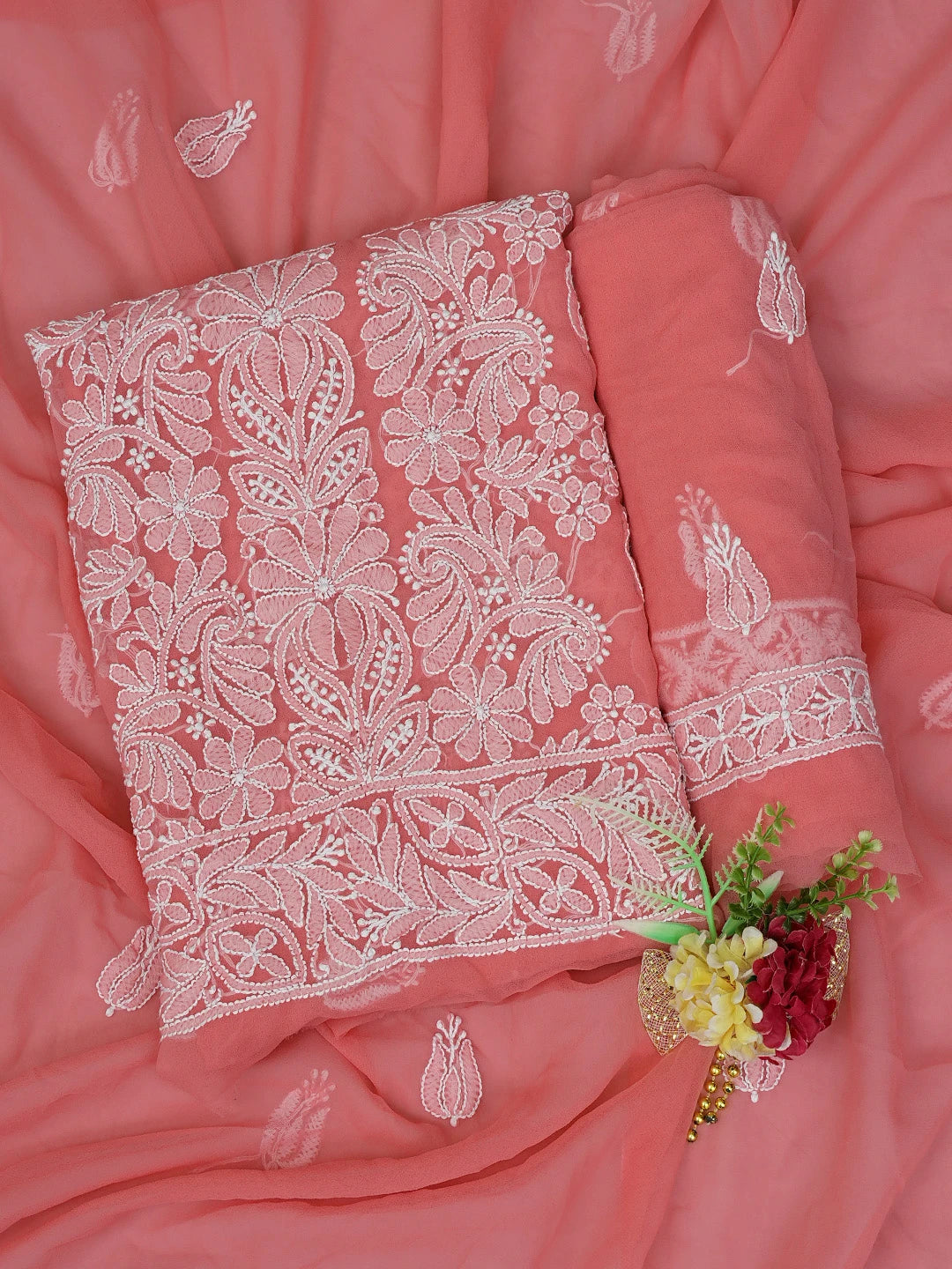 Ada Hand Embroidered Carrot Pink Georgette Lucknowi Chikankari Unstitched Suit Piece 01A793448